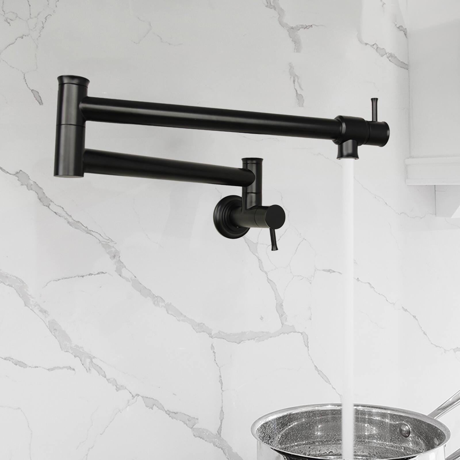 Alt View 3. Akicon - Akicon Solid Brass Wall-Mounted Pot Filler Kitchen Faucet with Double Joint Swing Arms for Stovetop in Matte Black - Matte Black.