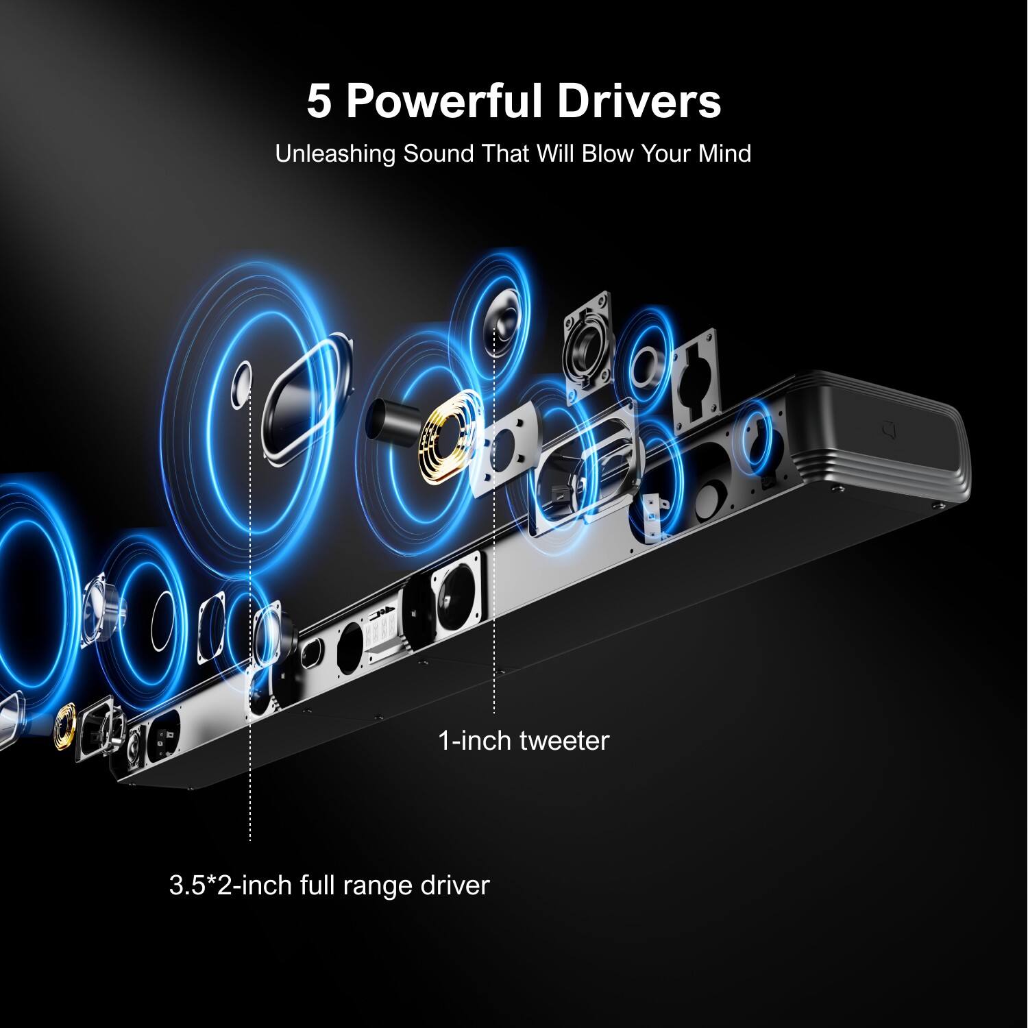 5 Powerful Drivers  
Unleashing Sound That Will Blow Your Mind  

1-inch tweeter  
3.5*2-inch full range driver