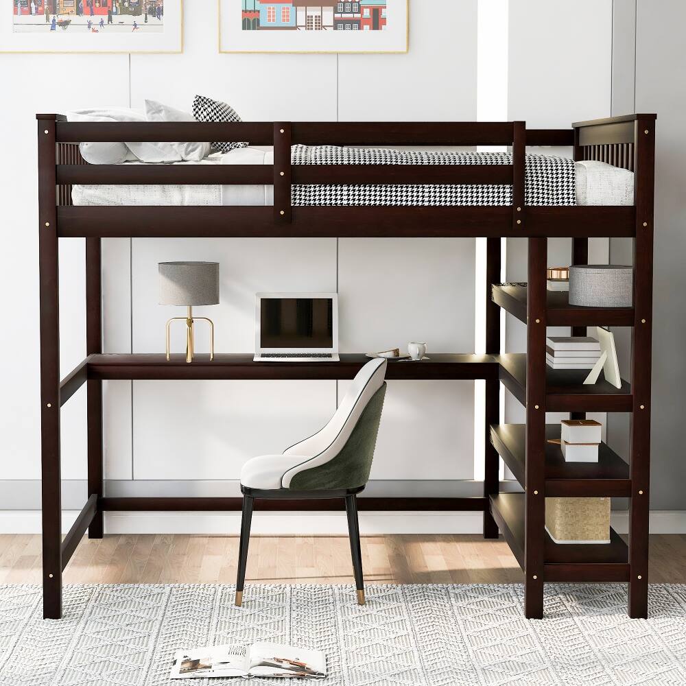 Left. Loheer - Loheer Full Size Loft Bed with Desk and Storage Shelves Espresso Solid Wood - Espresso.