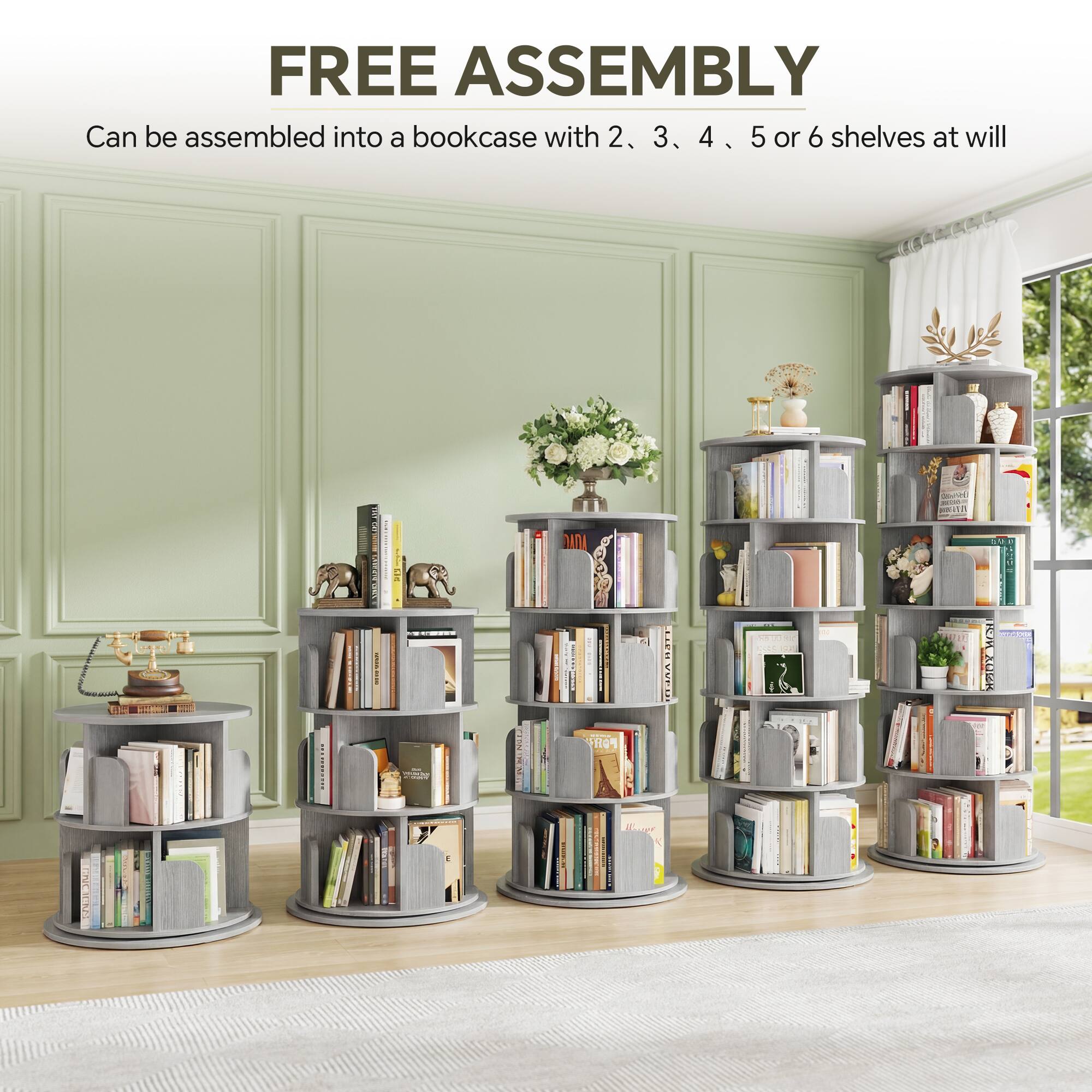 FREE ASSEMBLY  
Can be assembled into a bookcase with 2, 3, 4, 5 or 6 shelves at will