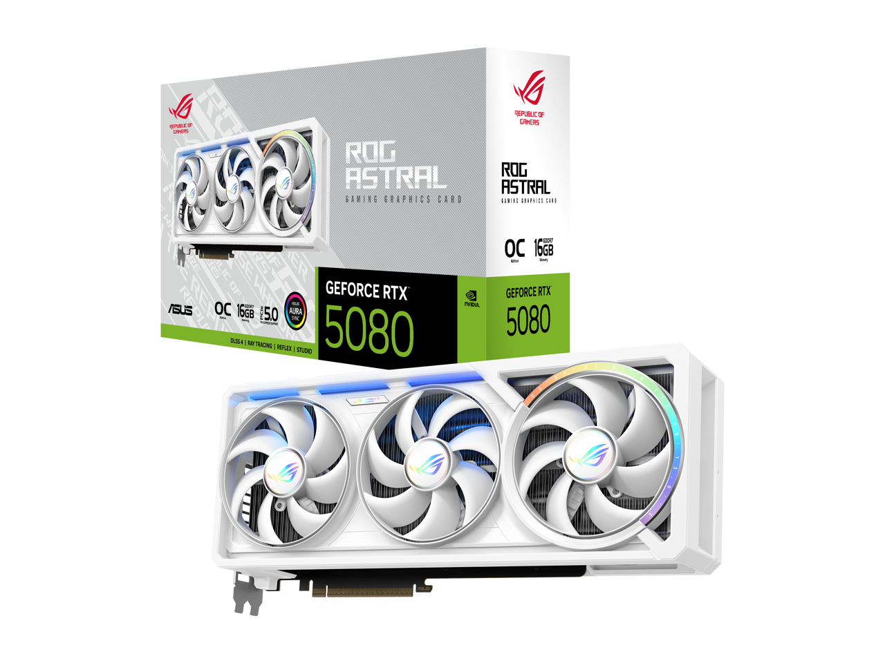 ROG ASTRAL  
GAMING GRAPHICS CARD  

OC 16GB 5.0 AURA  

GEFORCE RTX 5080  

DLSS 4 | RT TRACING | REFLEX  

STUDIO  

REPUBLIC OF GAMERS
