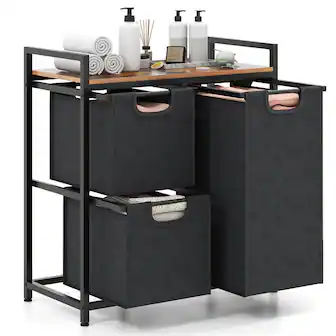 Costway - Freestanding Laundry Hamper Basket Organizer w/ 3 Pull-Out Removable Bags - Black, Rustic Brown