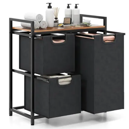 The image features a black shelf with three drawers, each containing a white towel. The towels are neatly folded and organized within the drawers. The shelf also has a table with various items on it, including a bottle, a vase, and a cup. The overall scene suggests a well-organized and functional space for storing and displaying personal items.