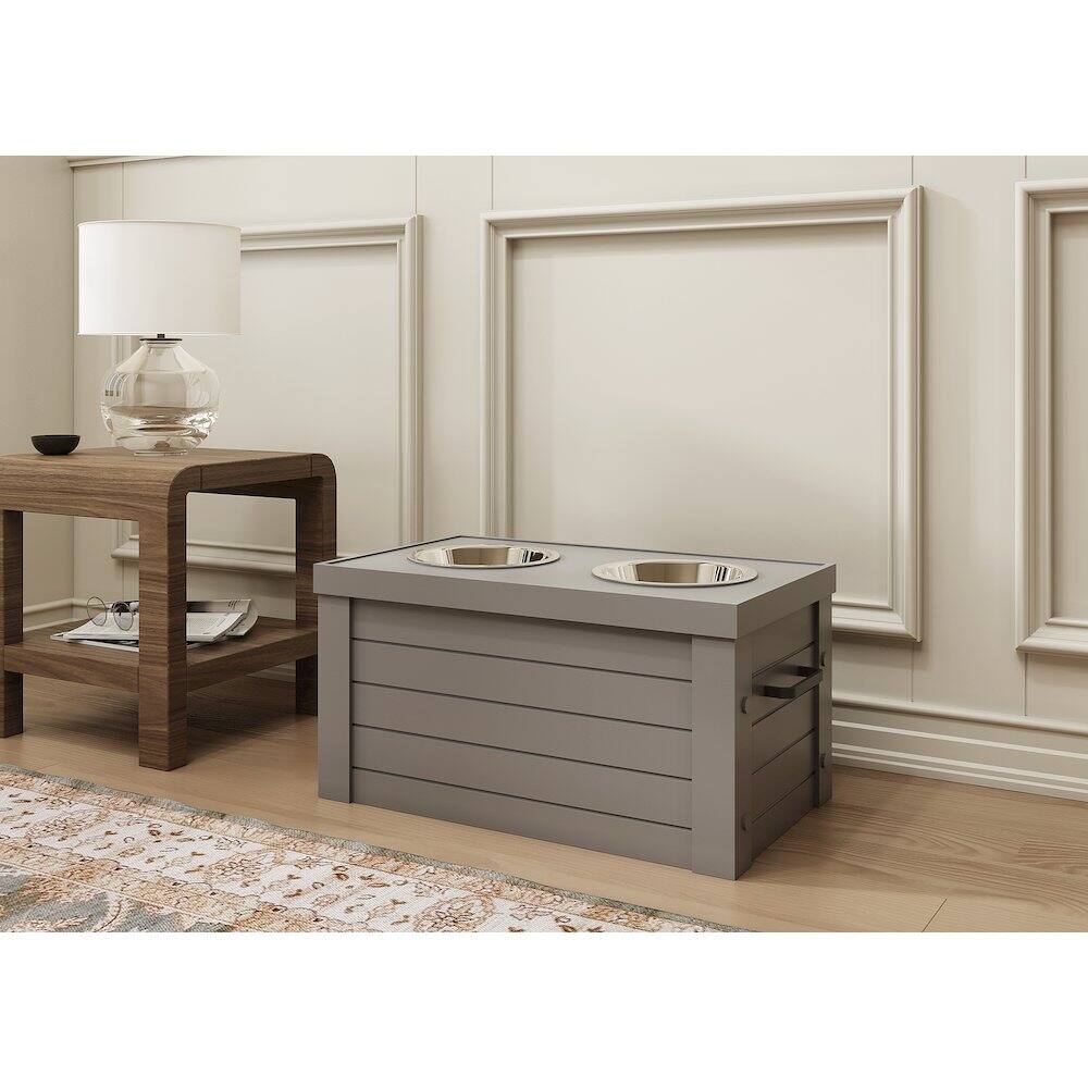 Angle. New Age Pet - Elevated Dog Feeder in Grey, Two Bowl Design, Small to Medium Size Dog - Gray.