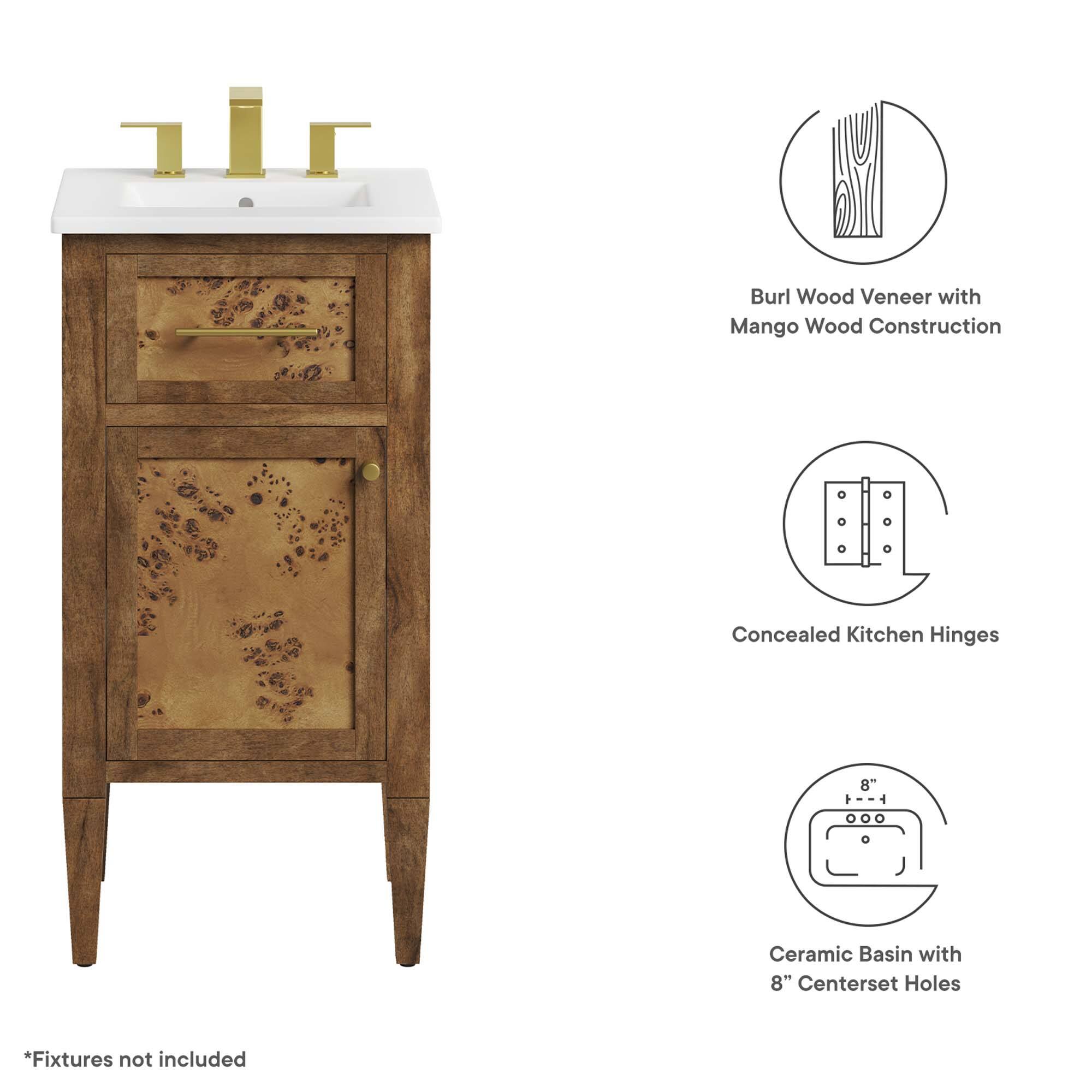 Burl Wood Veneer with Mango Wood Construction  
Concealed Kitchen Hinges 8"  
Ceramic Basin with 8" Centerset Holes  
*Fixtures not included