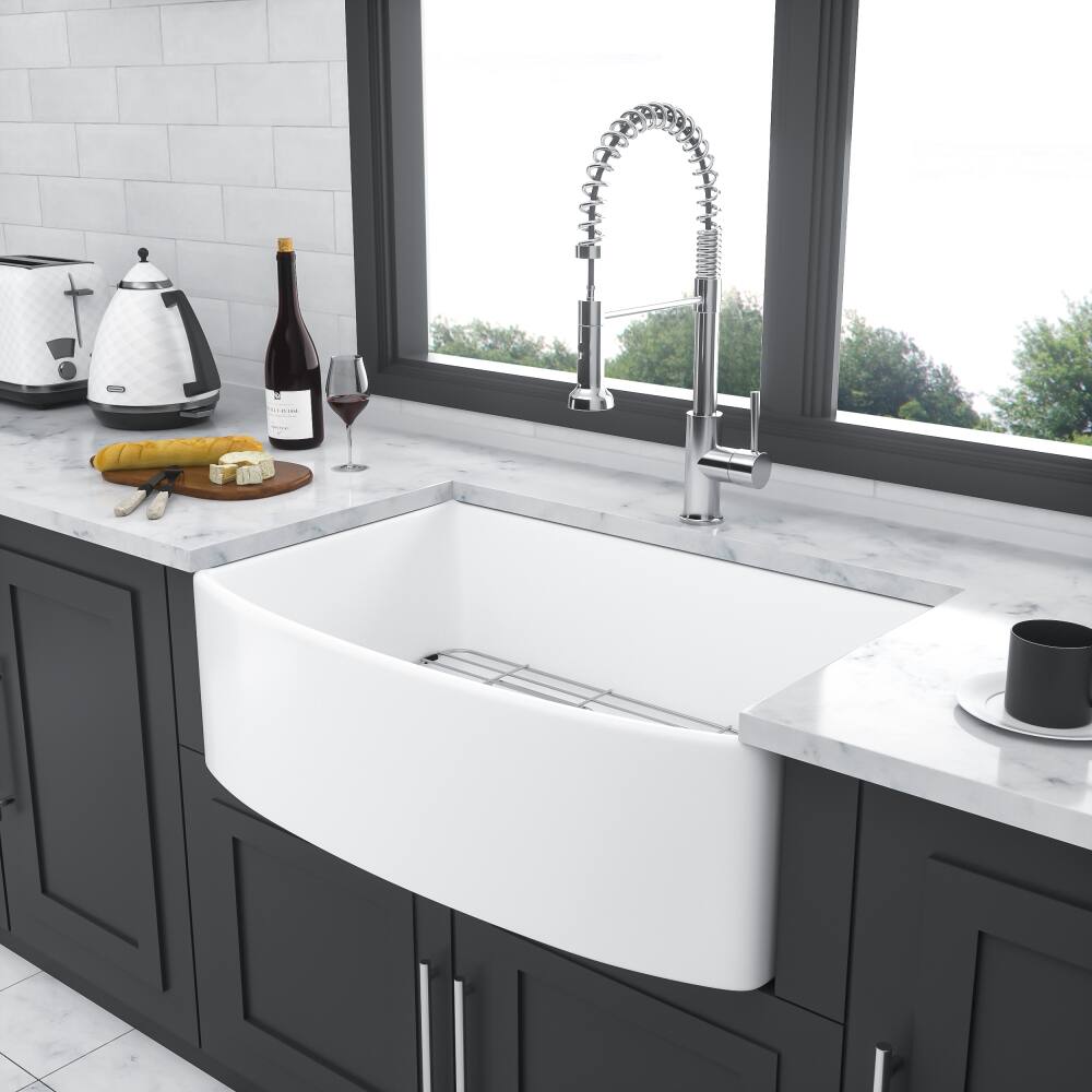 Back. JUJABU - 33 x 19 x 10 in. White Ceramic Farmhouse Kitchen Sink Arch Edge Apron Front Single Bowl - White.