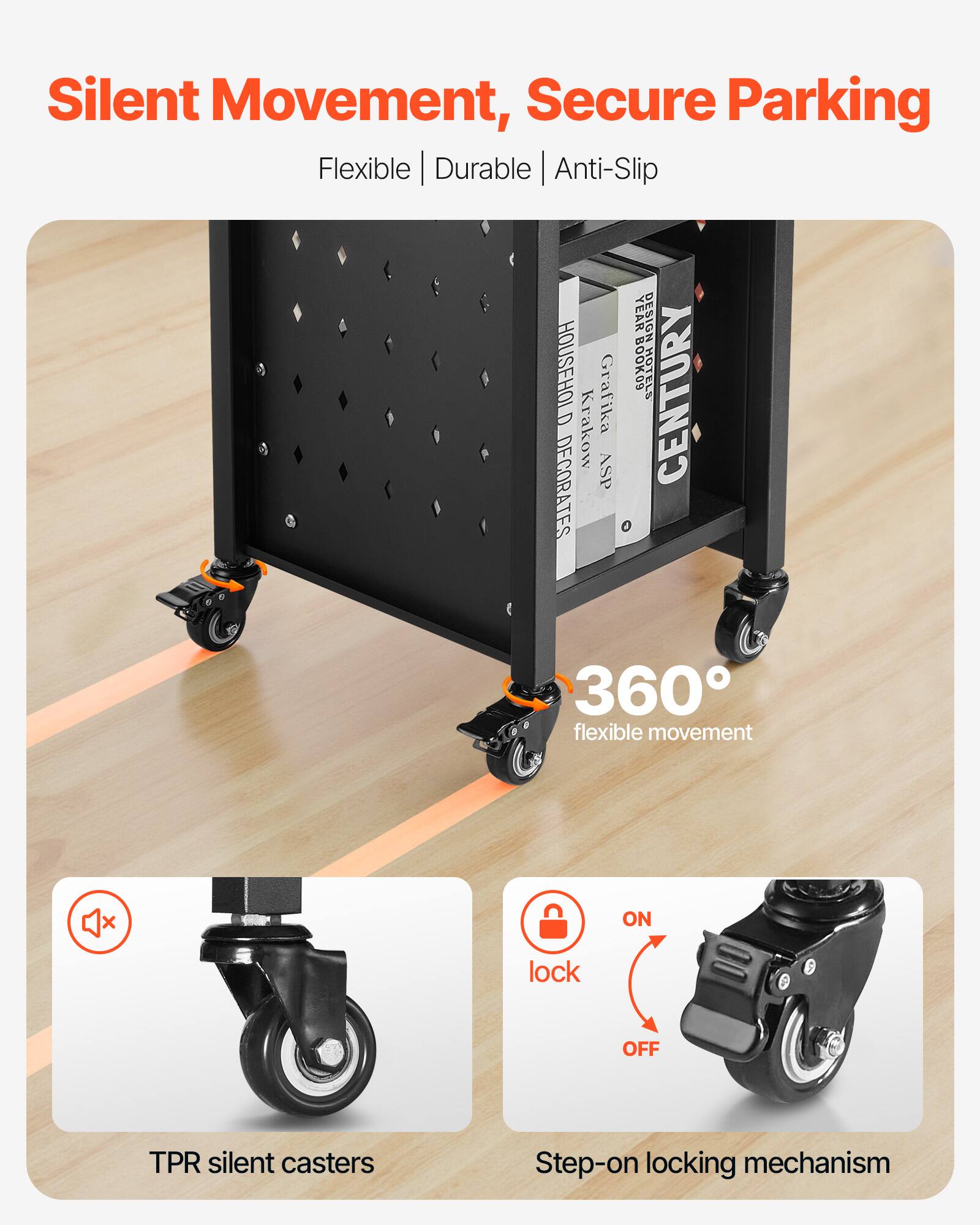 Silent Movement, Secure Parking  
Flexible | Durable | Anti-Slip  

360° flexible movement  

TPR silent casters  

Step-on locking mechanism  
ON  
lock  
OFF