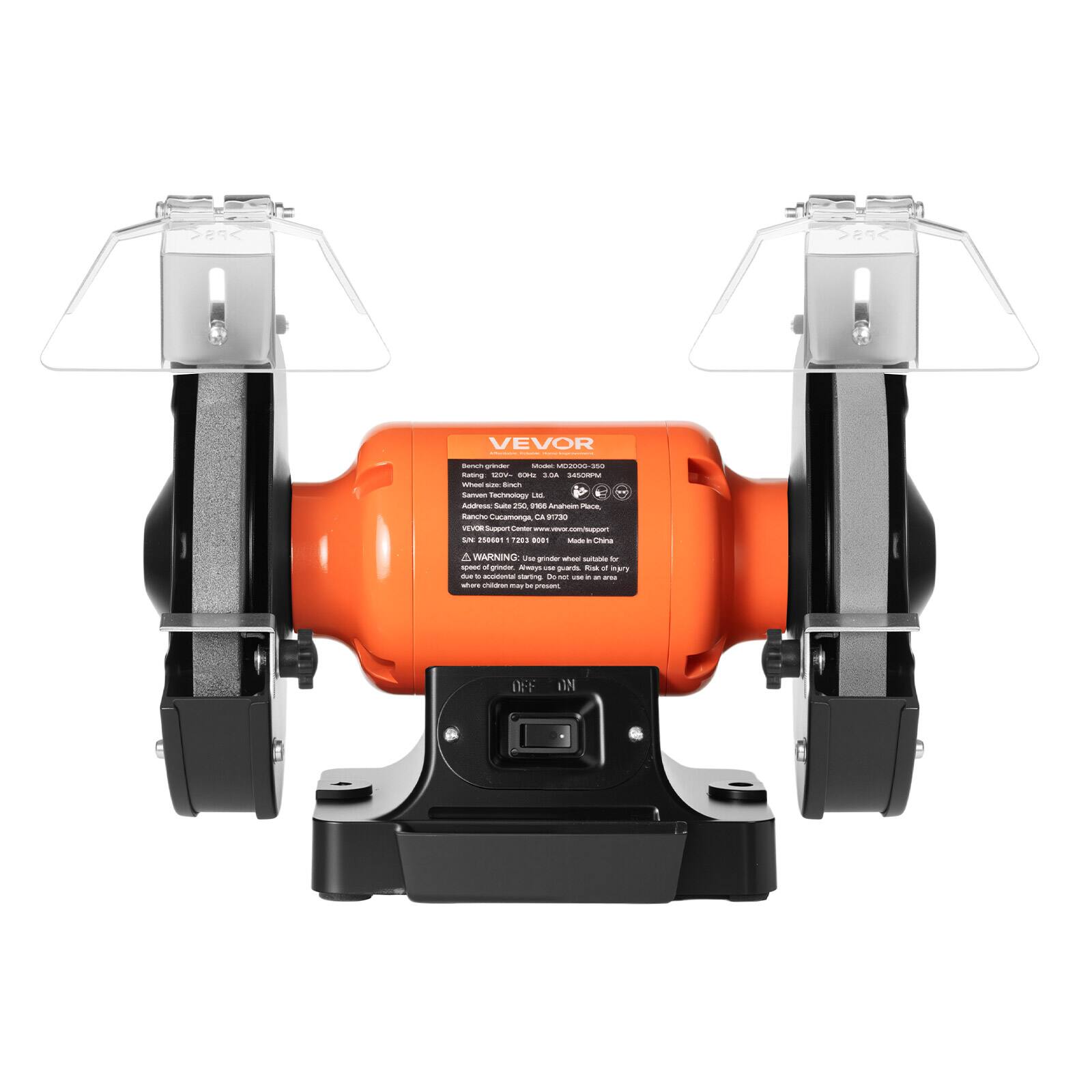 VEVOR  
bench grinder MC2000-37  
Rating: 120V- 10g 3.6A 3450RPM  
Wheel size: 10"  
Binch Sanvers Technology  
Address: Suite 250, Trase Anaheim Place, Rancho Cucamonga, CA 91730  
VEVOR Support Center  
SN: 250601 7203 0001  
Made in China  

A WARNING: Use grinder wheel suitable for speed of grinder. Always use guards. Risk of injury due to accents starting. Do not use at and when children may be present