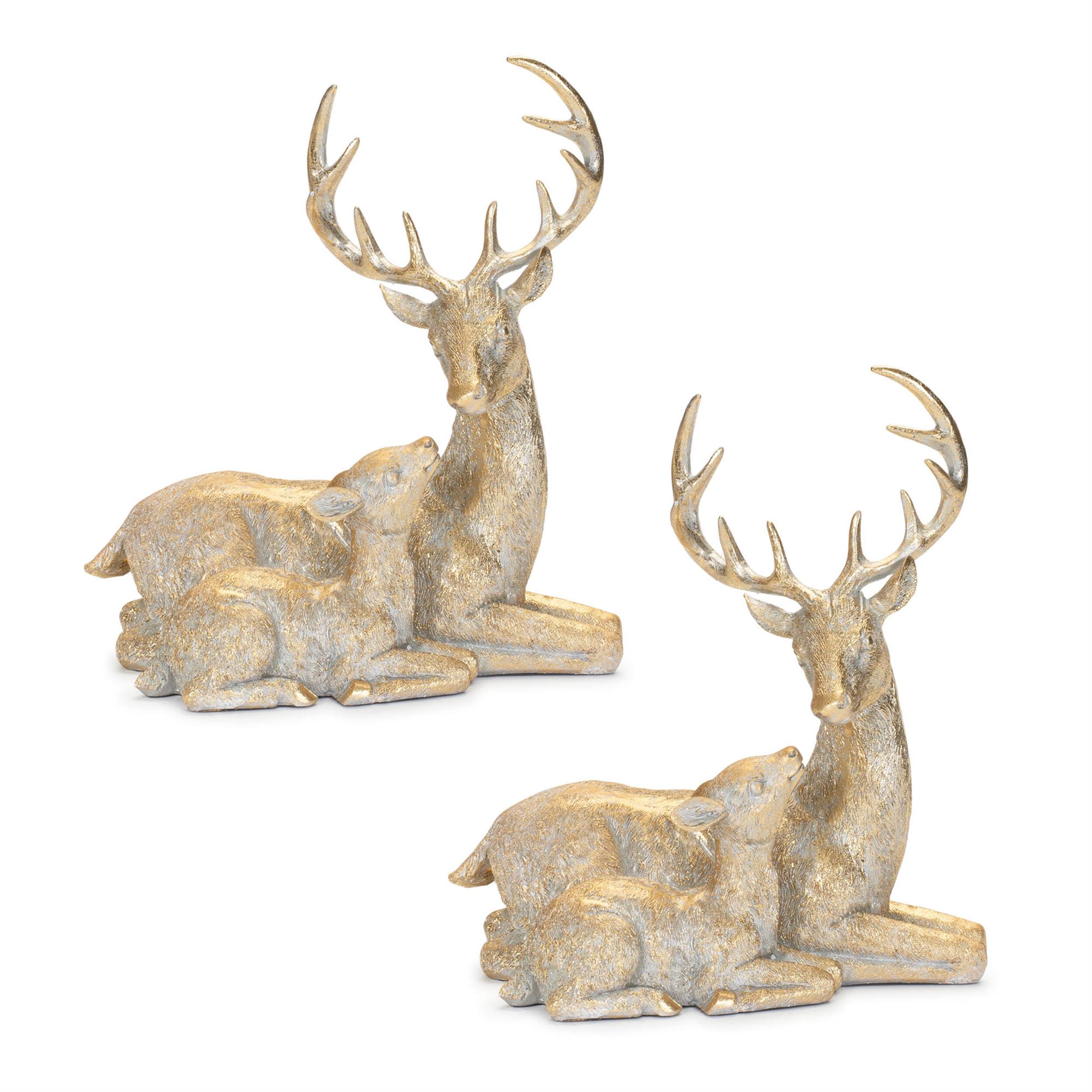 Alt View 1. BreeBe - Holiday Deer with Fawn Figurine (Set of 2) - Gold, White.