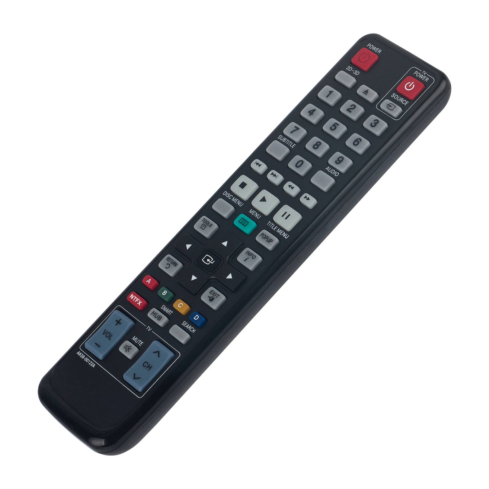 POWER 20-30 POWER 1 4 SOURCE 4 2 a 5 3 7 SUBTITLE 8 6 L4 0 9 A AUDIO 4 DISC 4 44 MENU MENU "  1OOLS 0D TITLE TITLEMENU F POPUP i INFO  RETURN C A B EXIT NTFX +  HUB SMART D + SEARCH TV VOL MUTE  ^ AK39-00122A AKSA CH