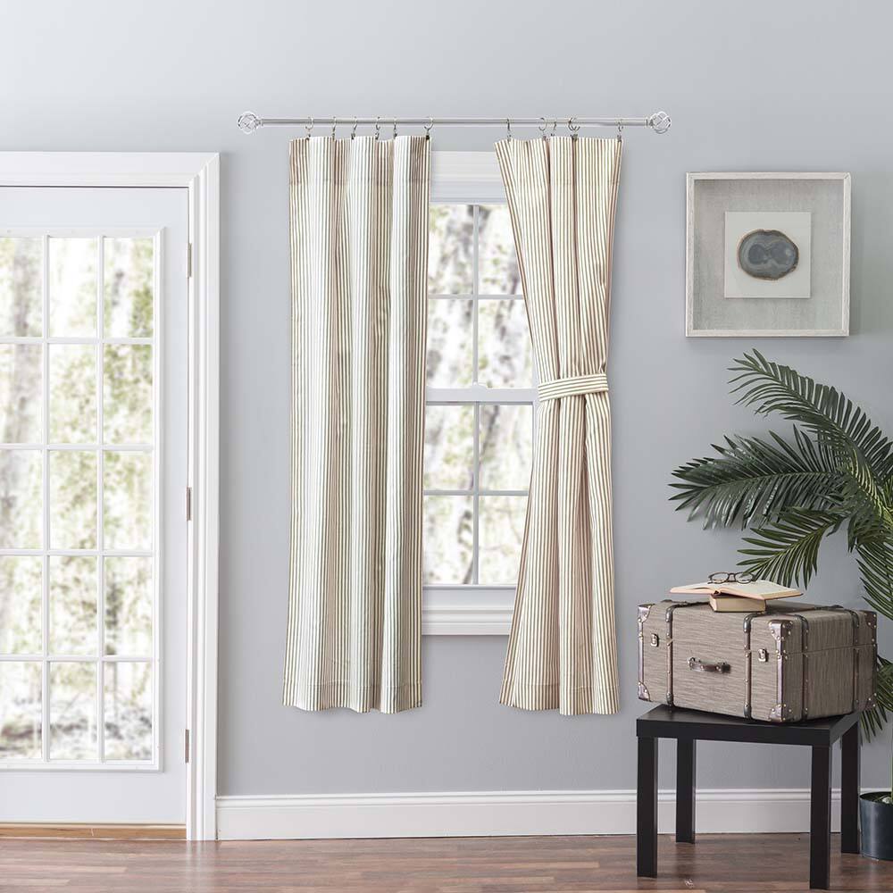 Left. Ellis Curtain - Ellis Curtain Plaza Classic Ticking Stripe Printed 3" Rod Pocket Tailored Panel Pair with Tiebacks 56" x 63" Tan - Tan.