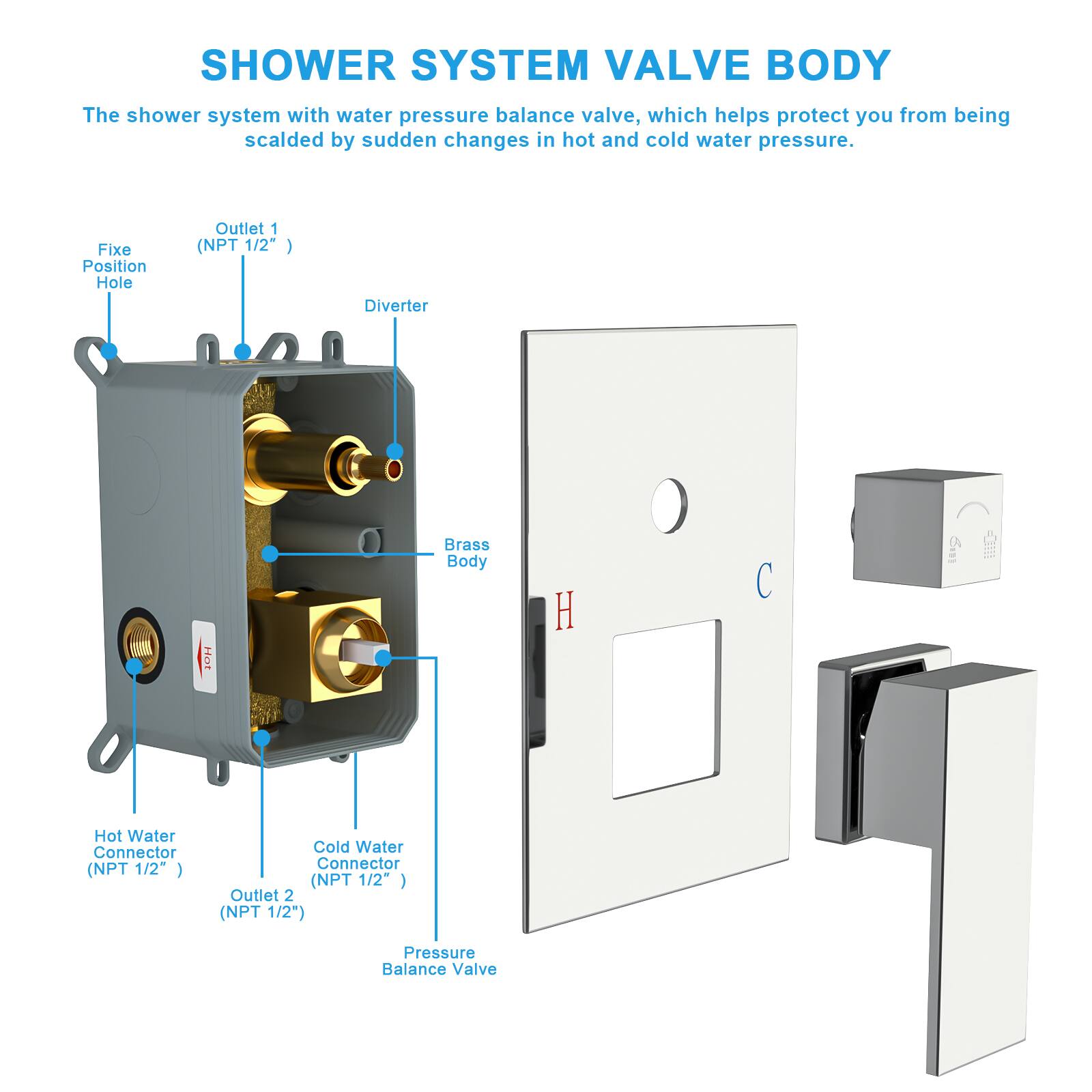 **SHOWER SYSTEM VALVE BODY**

The shower system with water pressure balance valve, which helps protect you from being scalded by sudden changes in hot and cold water pressure.

- **Fixe Position Hole**
- **Outlet 1 (NPT 1/2")**
- **Diverter**
- **Brass Body**
- **Hot Water Connector (NPT 1/2")**
- **Cold Water Connector (NPT 1/2")**
- **Outlet 2 (NPT 1/2")**
- **Pressure Balance Valve**