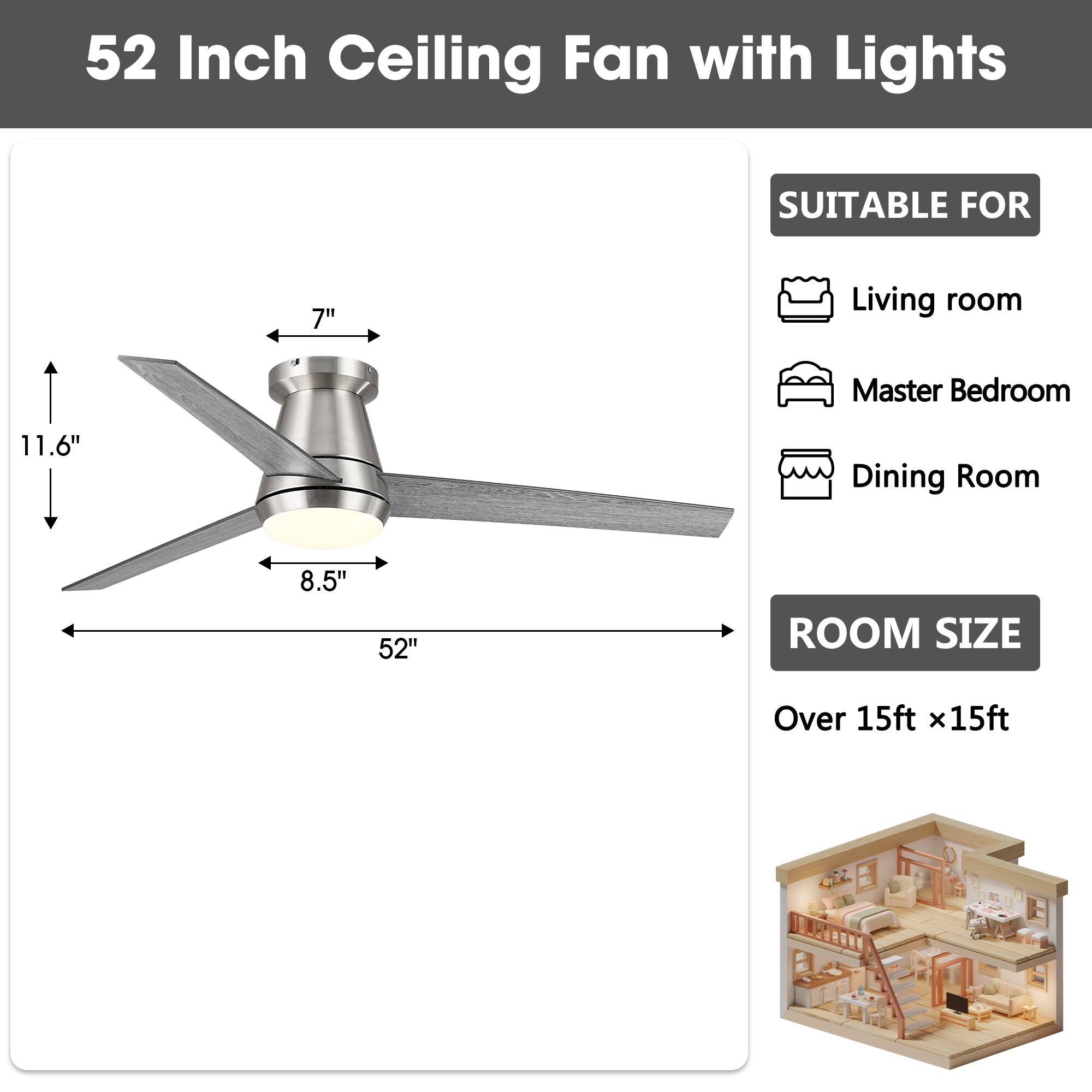52 Inch Ceiling Fan with Lights

SUITABLE FOR
- Living room
- Master Bedroom
- Dining Room

ROOM SIZE
Over 15ft x 15ft