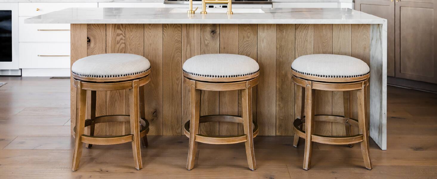 Left. Maven Lane - 30" Alexander Backless Bar Stool in Weathered Oak Finish with Fabric Upholstery - Weathered Oak.