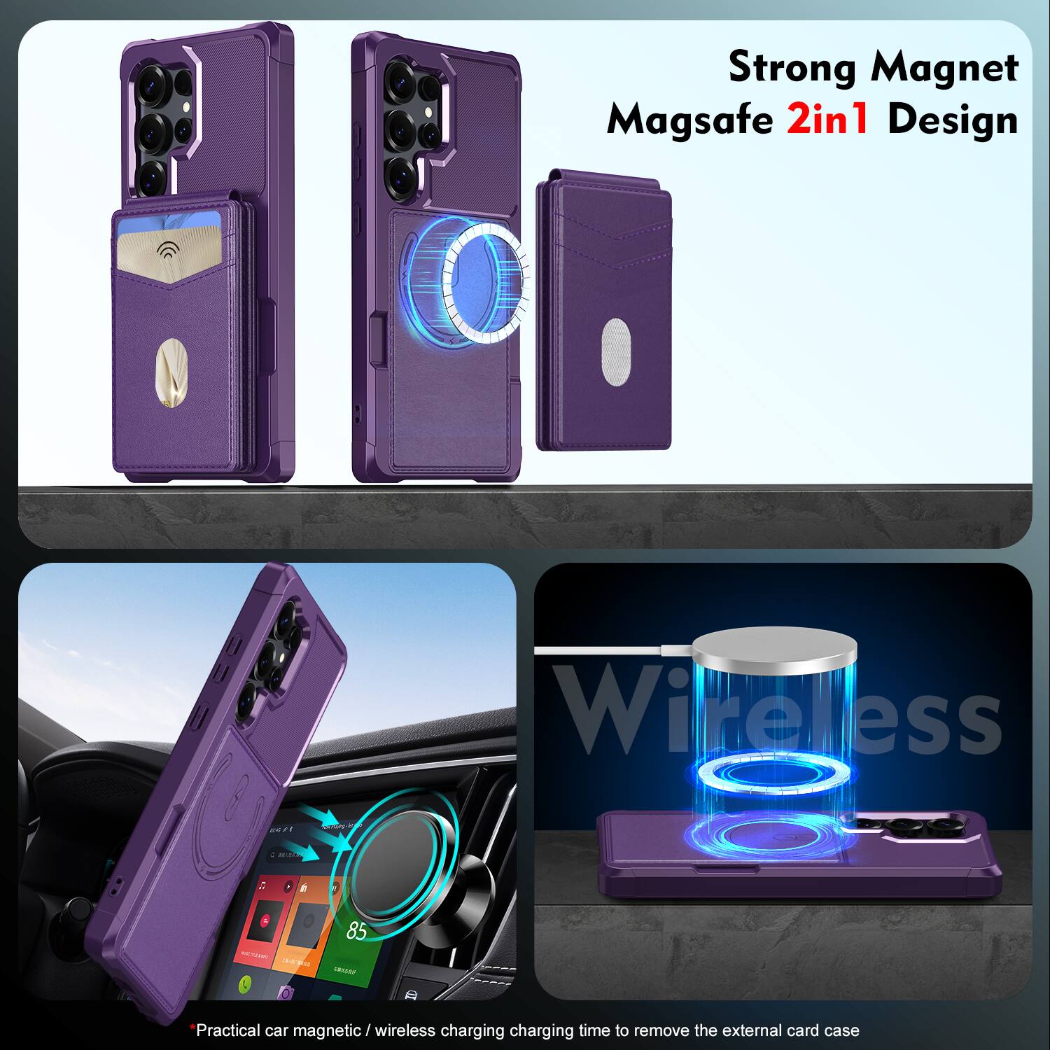 Strong Magnet Magsafe 2in1 Design

Practical car magnetic / wireless charging charging time to remove the external card case