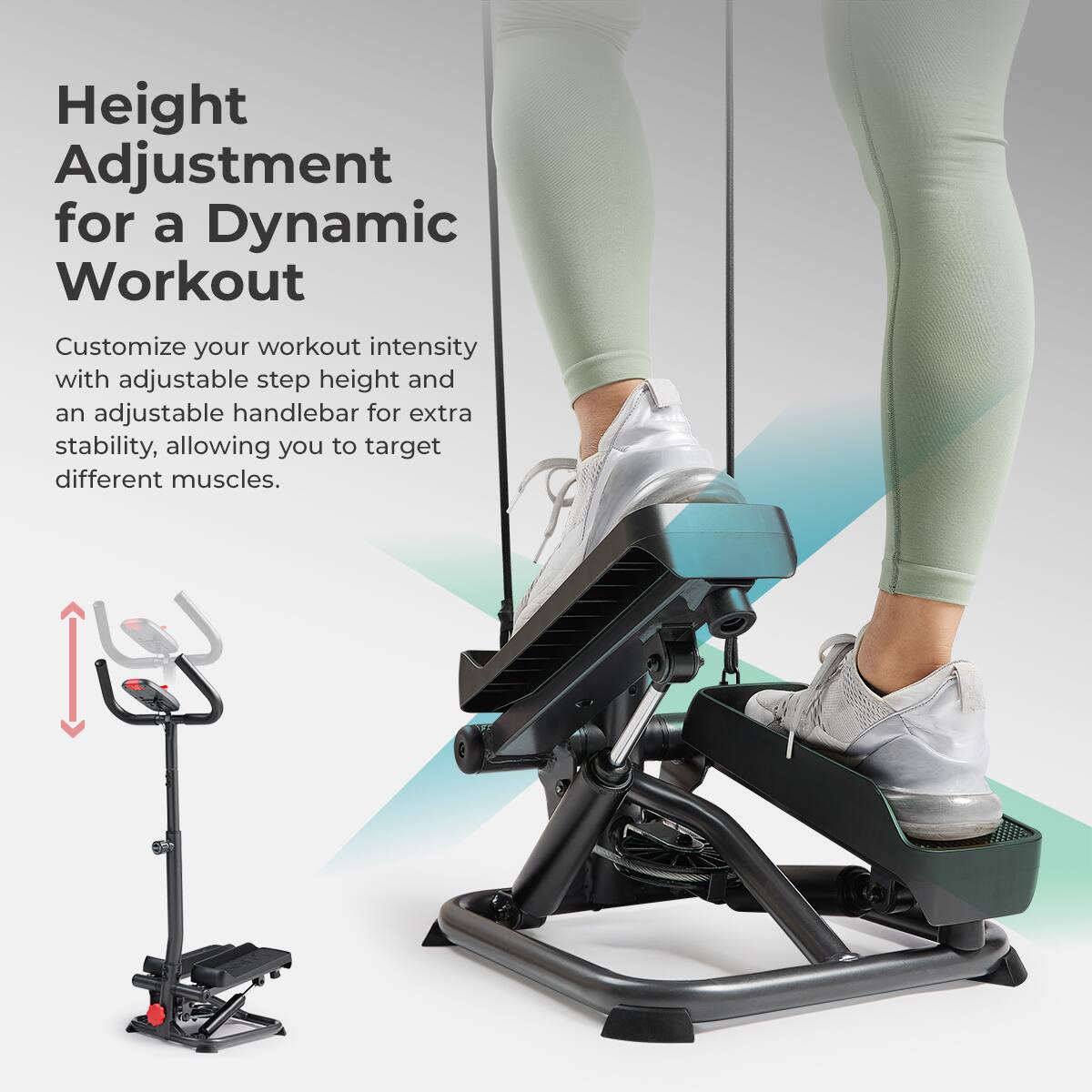 Height Adjustment for a Dynamic Workout

Customize your workout intensity with adjustable step height and an adjustable handlebar for extra stability, allowing you to target different muscles.