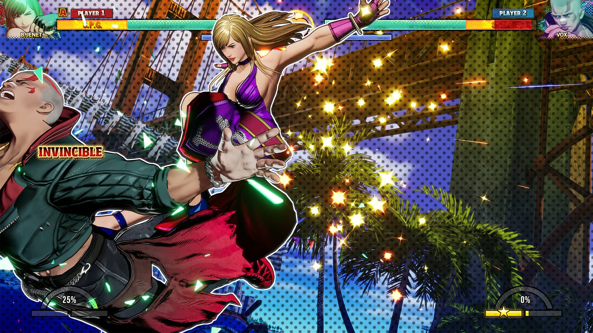 BJENET is Player 1, and VOX is Player 2. Both players are at 25% health, and there is no damage to either player at the moment.