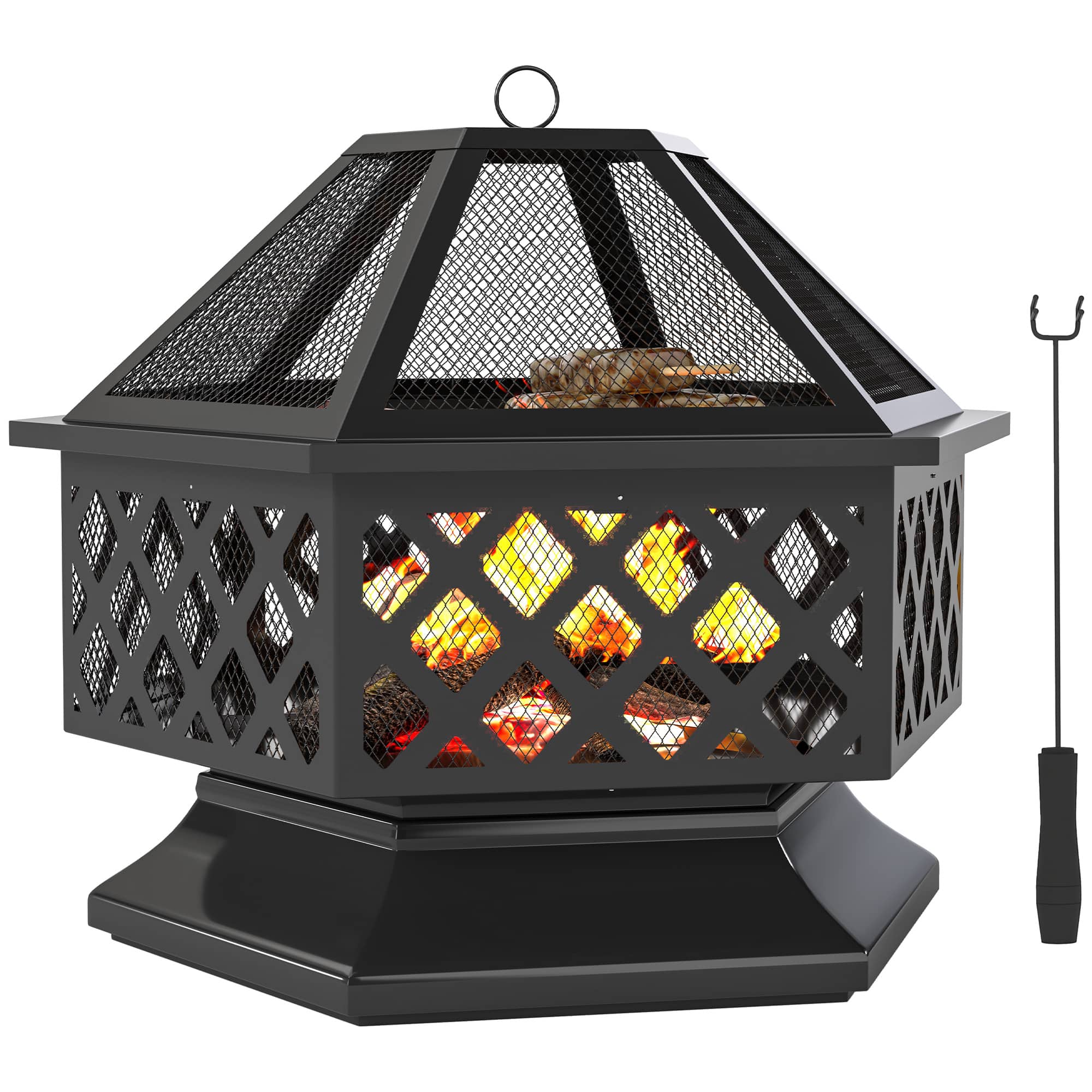 Outsunny - Outdoor Fire Pit with Grill Hexagon Fireplace Wood Burning Firepit with Cooking Grate, Fire Poker - Black