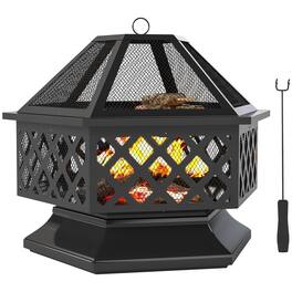 Outsunny - Outdoor Fire Pit with Grill Hexagon Fireplace Wood Burning Firepit with Cooking Grate, Fire Poker - Black