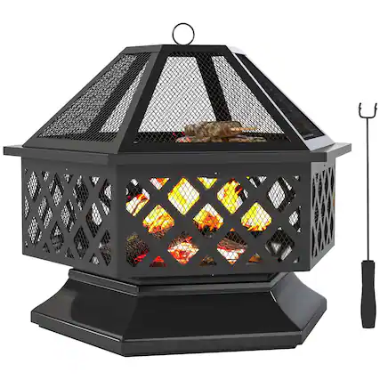 Front. Outsunny - Outdoor Fire Pit with Grill Hexagon Fireplace Wood Burning Firepit with Cooking Grate, Fire Poker - Black.