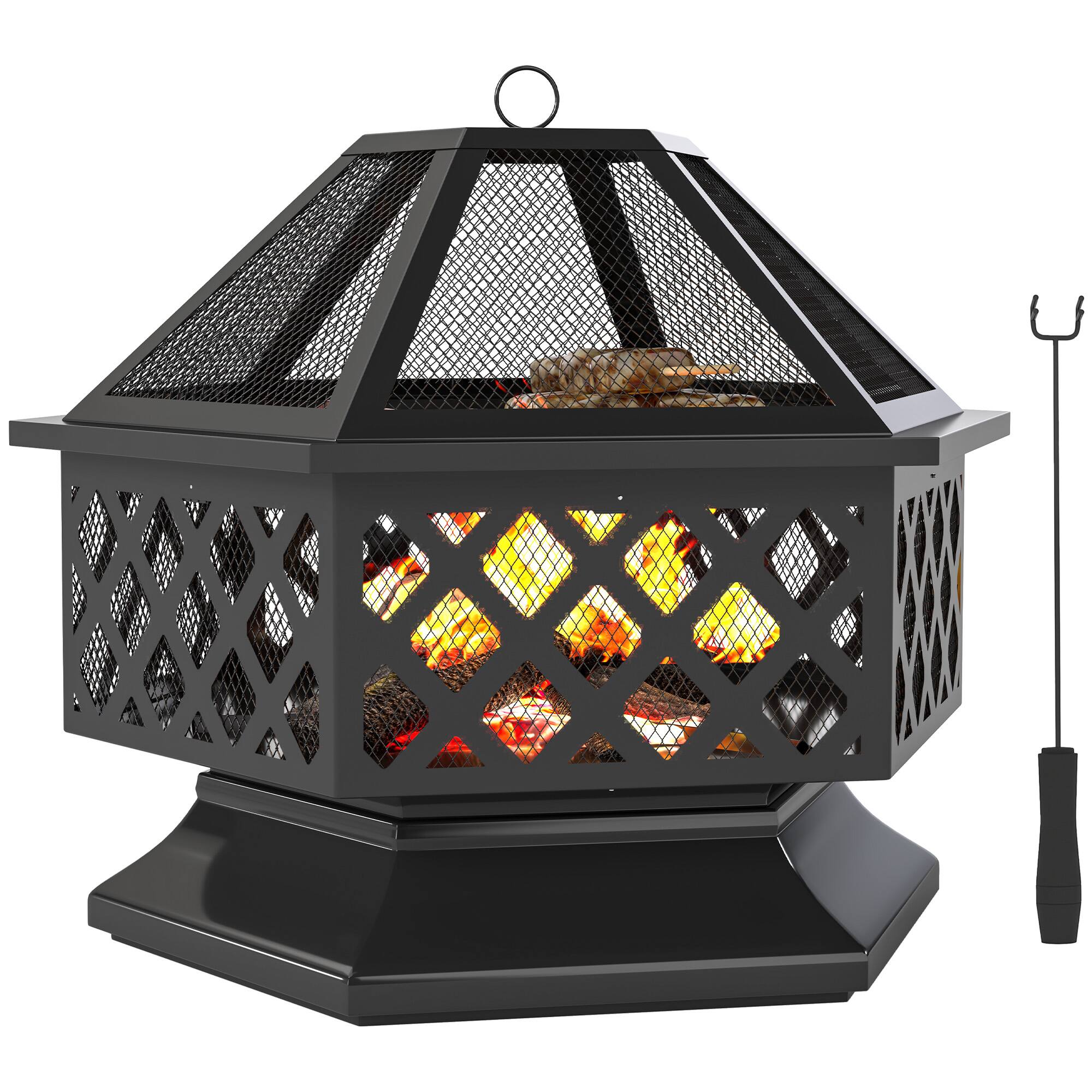 Front. Outsunny - Outdoor Fire Pit with Grill Hexagon Fireplace Wood Burning Firepit with Cooking Grate, Fire Poker - Black.