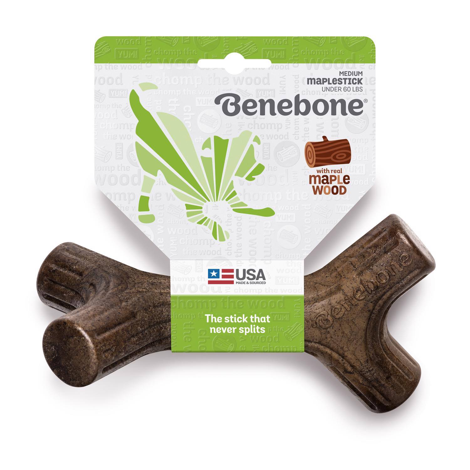 - Benebone
- MapleStick
- Medium
- Under 60 LBS
- with real maple wood
- USA
- Made & Sourced
- The stick that never splits
- Chomp the wood
- YUM!