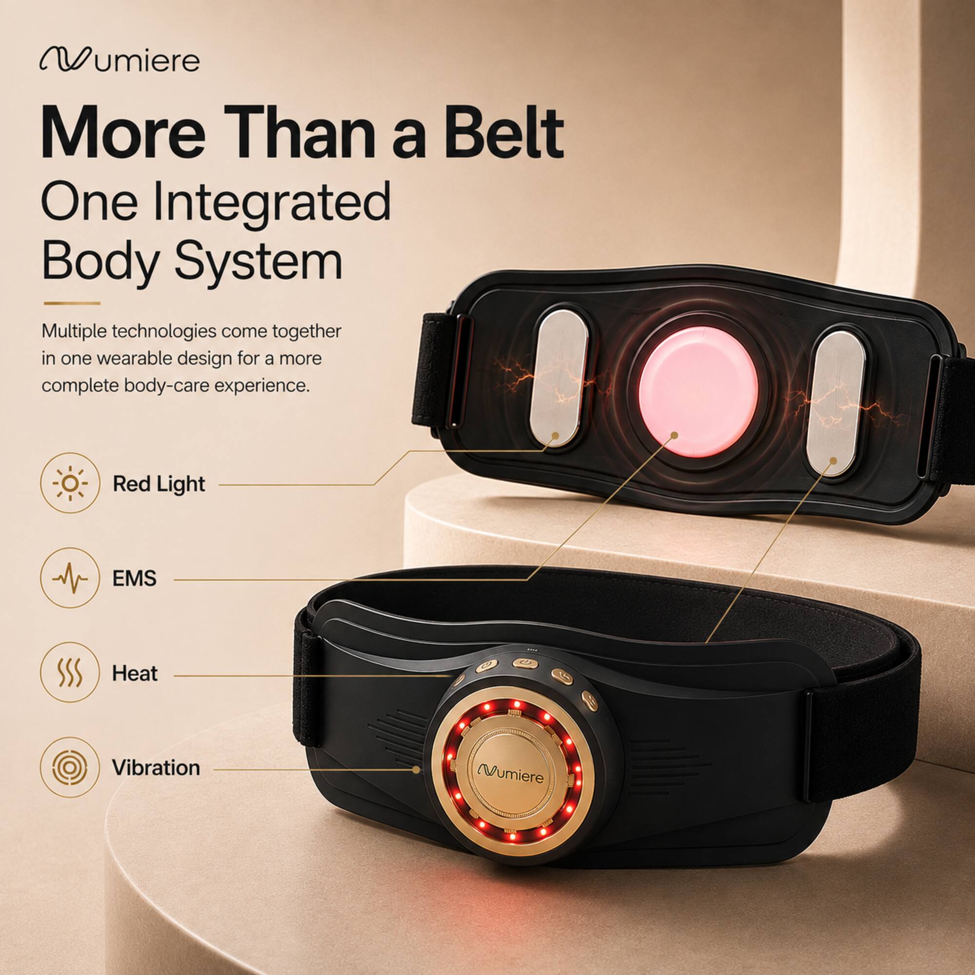 Vumiere  
More Than a Belt  
One Integrated Body System  

Multiple technologies come together in one wearable design for a more complete body-care experience.  

Red Light  
EMS  
Heat  
Vibration