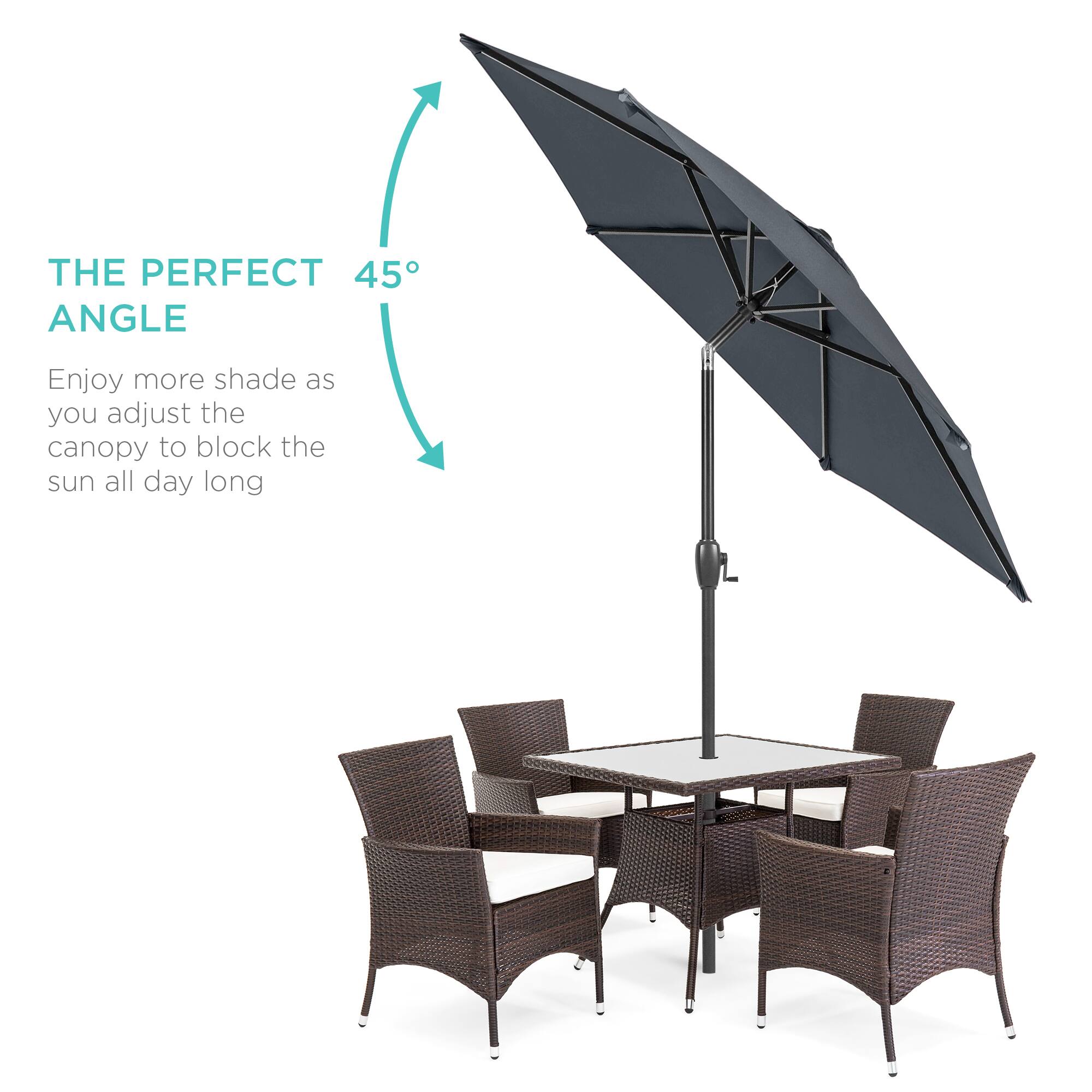 THE PERFECT 45° ANGLE

Enjoy more shade as you adjust the canopy to block the sun all day long