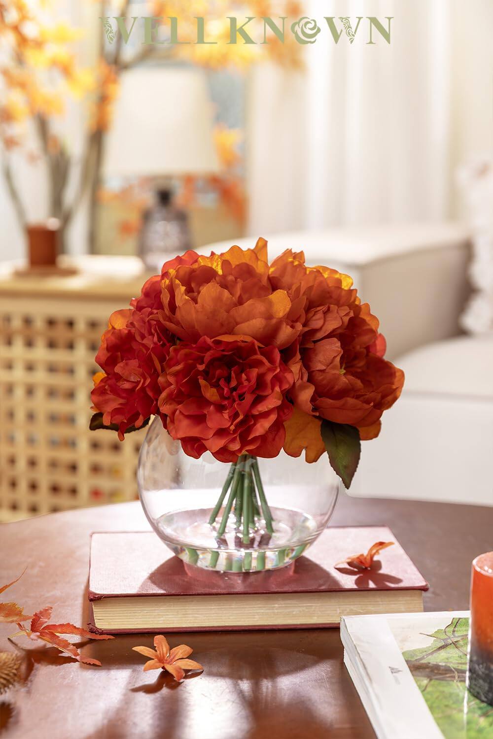 Front. Siljoy - Burnt Orange Silk Peony Arrangement, Faux Water Vase, Fall Winter Wedding Decor Gift - red.