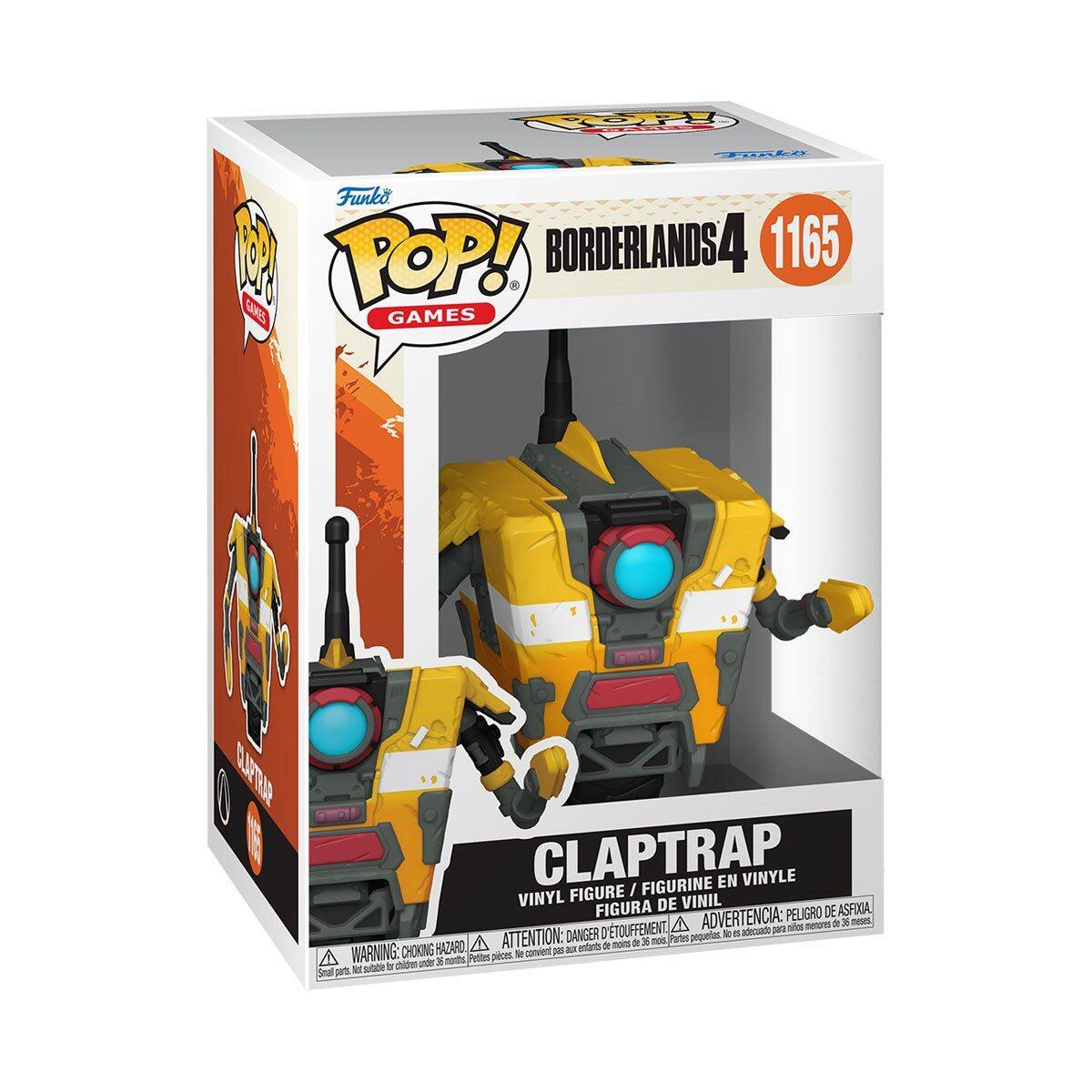 Funko POP! Games  
Borderlands 4  
1165  
Claptrap  
Vinyl Figure / Figurine en Vinyle / Figura de Vinil  

Advertencia: Peligro de Asfixia / Attention: Danger de Suffocation / Warning: Choking Hazard  
Pequeñas piezas / Petites pièces / Small parts  
No es apto para niños menores de 3 años / Not suitable for children under 36 months