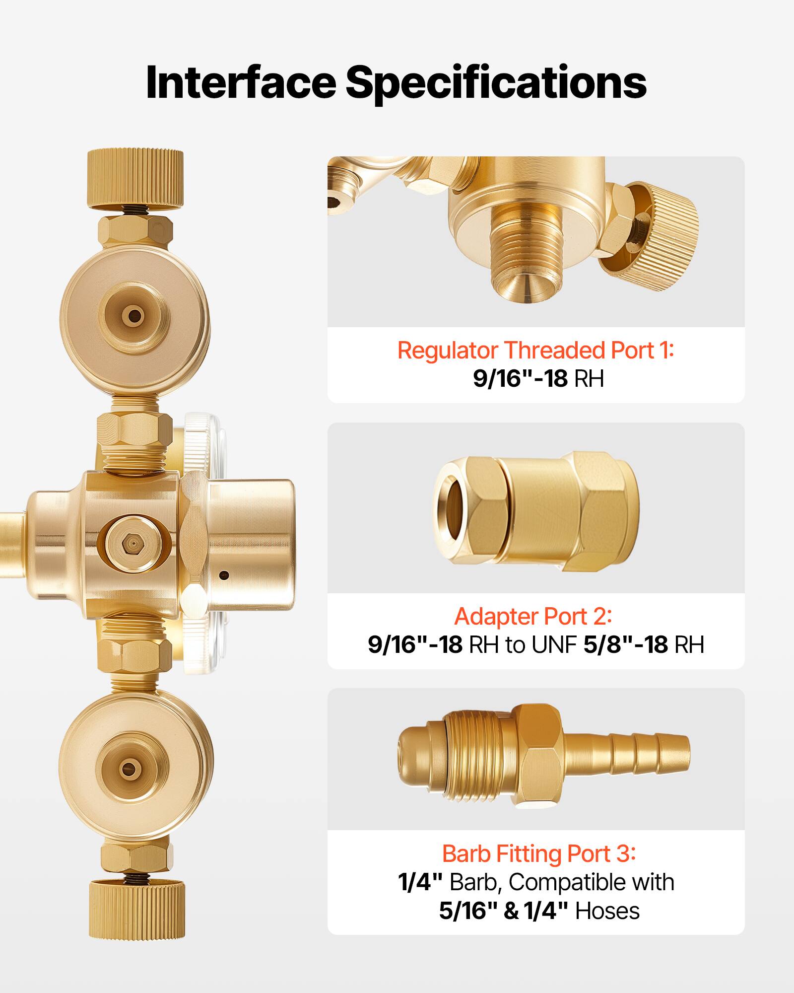 Interface Specifications

Regulator Threaded Port 1: 9/16"-18 RH

Adapter Port 2: 9/16"-18 RH to UNF 5/8"-18 RH

Barb Fitting Port 3: 1/4" Barb, Compatible with 5/16" & 1/4" Hoses