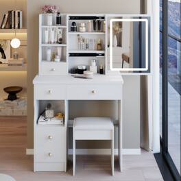 LUCKY ONE - 29.2in Small Vanity Set with Sliding LED Mirror, Stool for Small Space - White