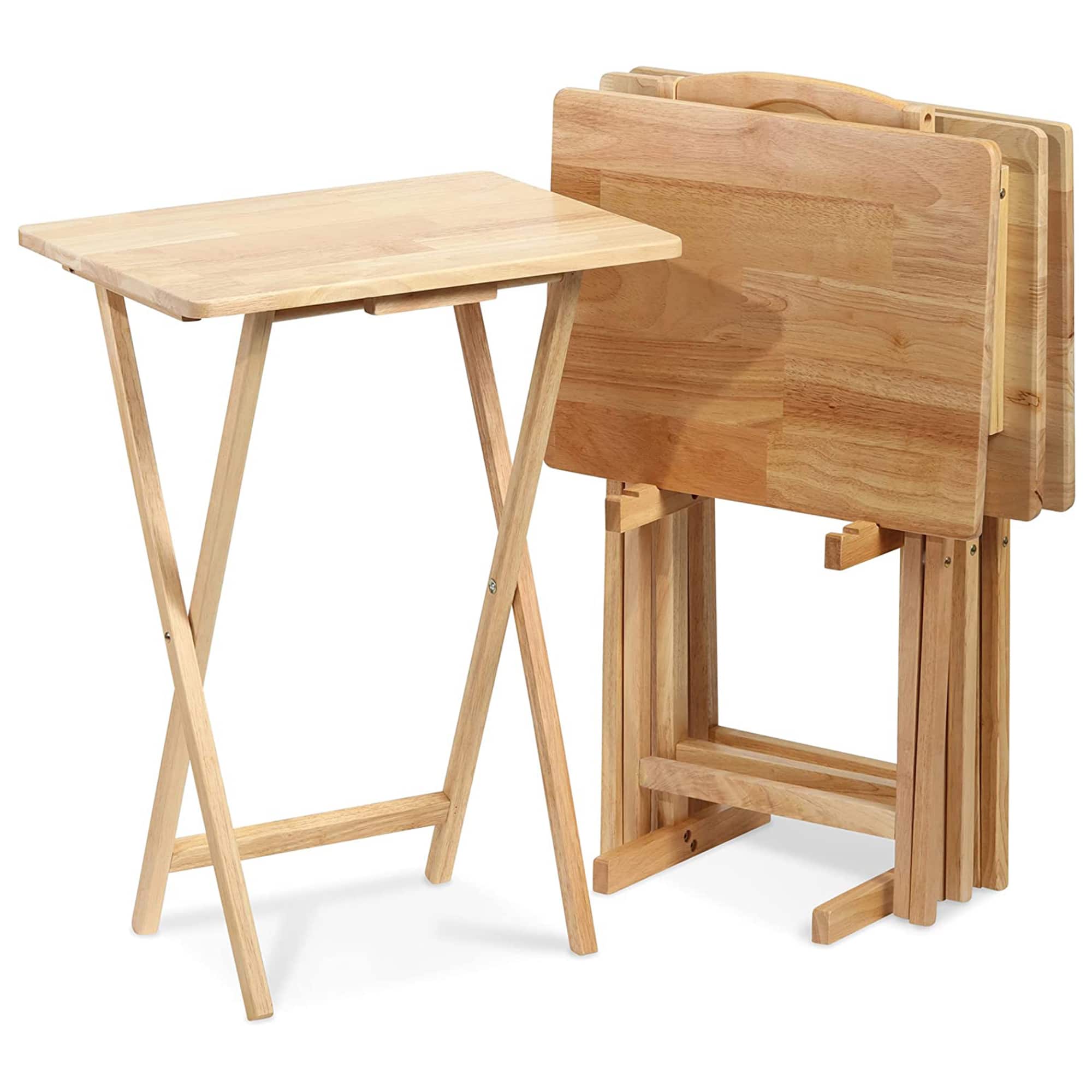 PJ Wood - Folding TV Tray Tables with Compact Storage Rack 5 Piece Furniture Set - Natural