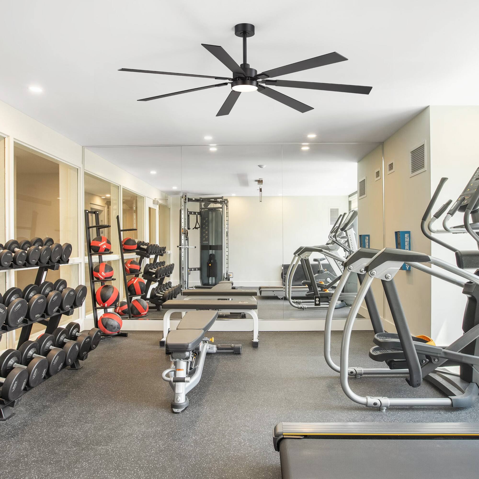 Alt View 2. Breezary - 72-Inch Modern Large Ceiling Fan with LED Light and Remote, 3 Downrods, 7 Reversible Blades, Timer, DC Motor 6 Speeds - black.