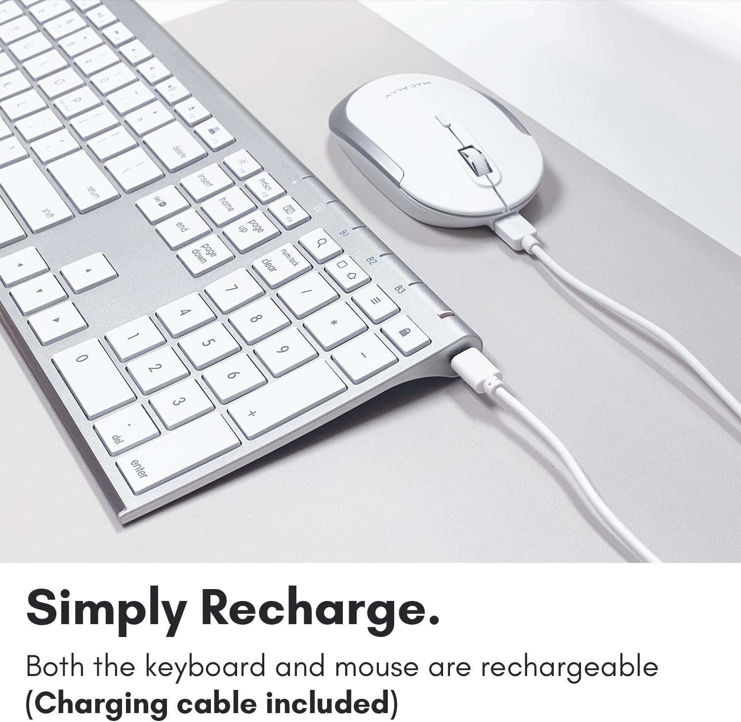 The text on the image reads: "Simply Recharge. Both the keyboard and mouse are rechargeable (Charging cable included)."
