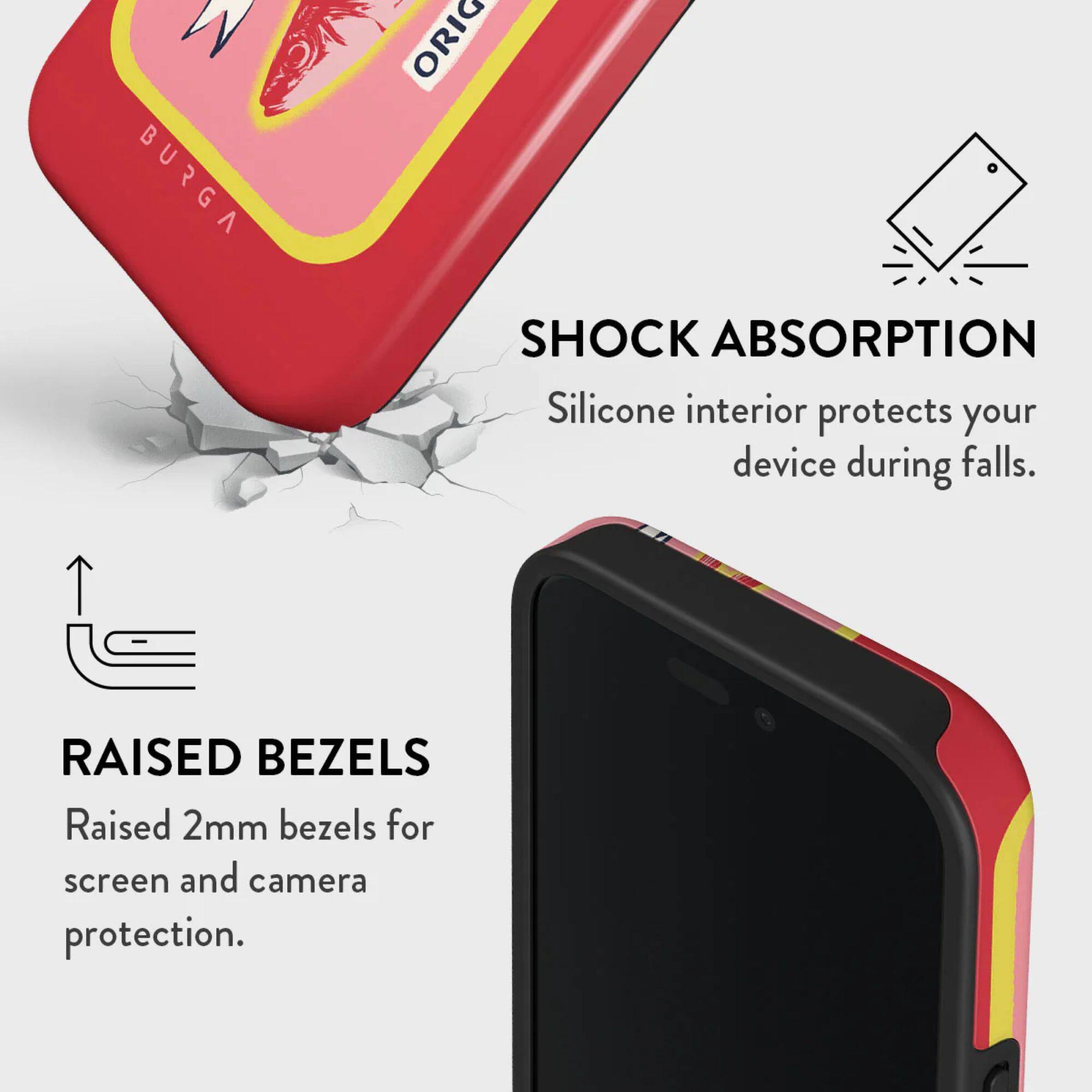 **SHOCK ABSORPTION**  
Silicone interior protects your device during falls.

**RAISED BEZELS**  
Raised 2mm bezels for screen and camera protection.