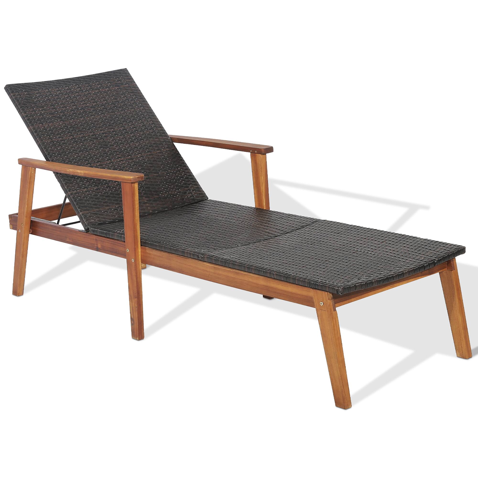 Alt View 1. Gymax - Gymax Adjustable Patio Rattan Lounge Chair  Recliner Outdoor Chaise Acacia Wood Frame - Mix Brown.