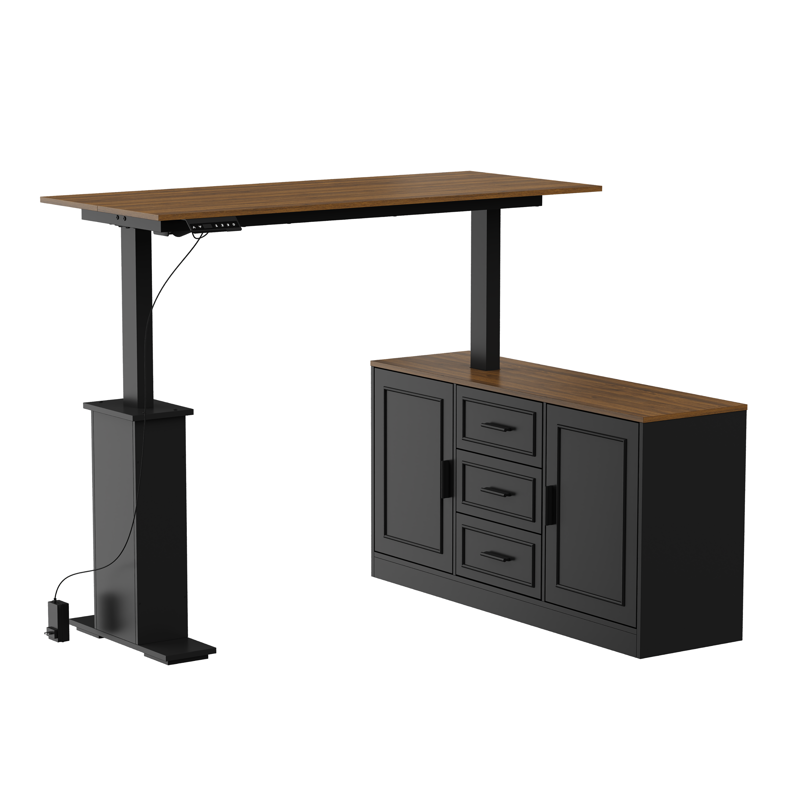 Left. Famapy - Electric Standing Desk with Storage Cabinet, 55.1" Adjustable Height Workstation, 150 LBS Capacity, Rustic Industrial - Walnut & Black.