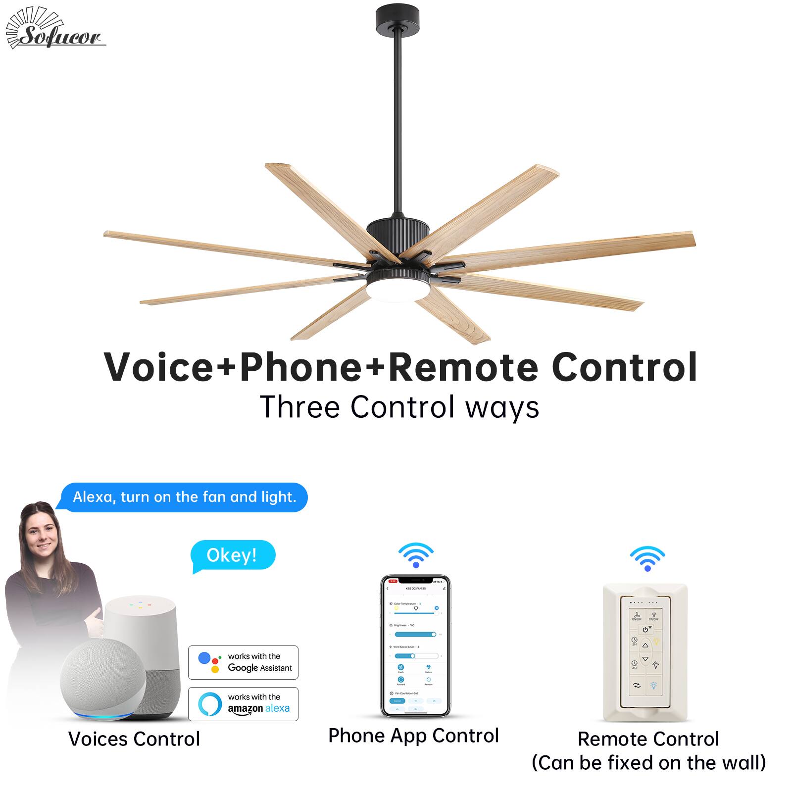 Voice+Phone+Remote Control  
Three Control ways  

Alexa, turn on the fan and light.  
Okey!  

Voices Control  
- works with the Google Assistant  
- works with the amazon alexa  

Phone App Control  

Remote Control (Can be fixed on the wall)