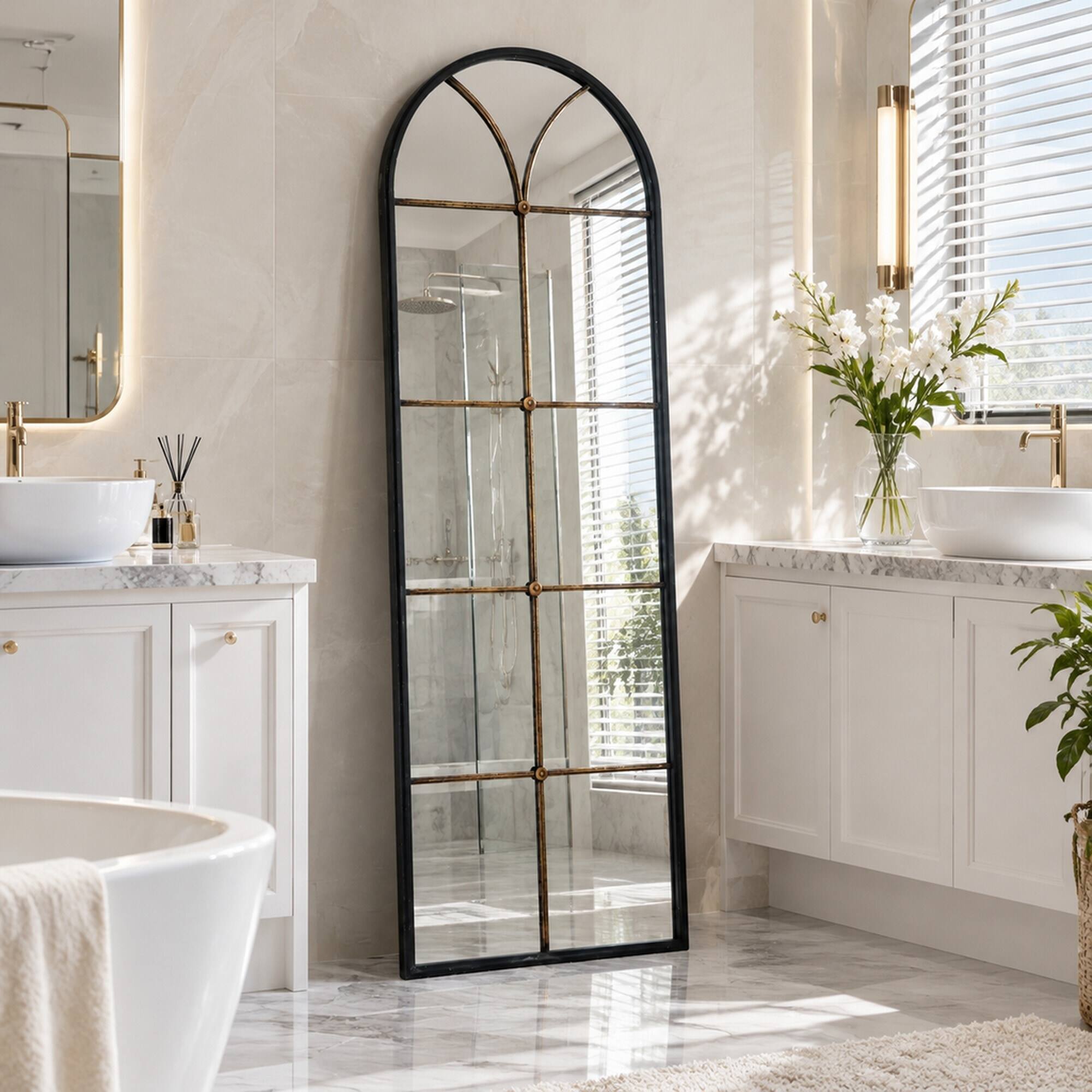 Back. RYHNUYNE - Arched Floor Mirror, 23.6 x 74.4 in, Black and Gold Windowpane Frame, Full Length Leaning Mirror for Bedroom - Black+Gold.