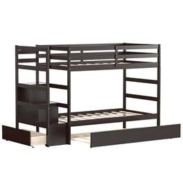 Pefilos - Twin Pull-Out Bunk Beds with Ladder in the Steps and a Trundle, Bunk Bed Platform with Storage Shelf and Drawer - Brown