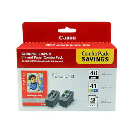 Canon Genuine Canon Ink and Paper Combo Pack
Genuino de Canon Paquete combo de tinta y papel
Combo Pack Savings
ChromaLife 100
40 - Black Ink Tank / Deposito de Tinta 16ml PG-40
41 - Color Ink Tank / Deposito de Tinta 12ml CL-41
50 - Photo Paper Glossy / Papel Fotográfico Brillante 4"x6"
Photo Paper Glossy
4"x6"
50 sheets
170g/m²
4-6"
45 sheets
4.8" x 6"