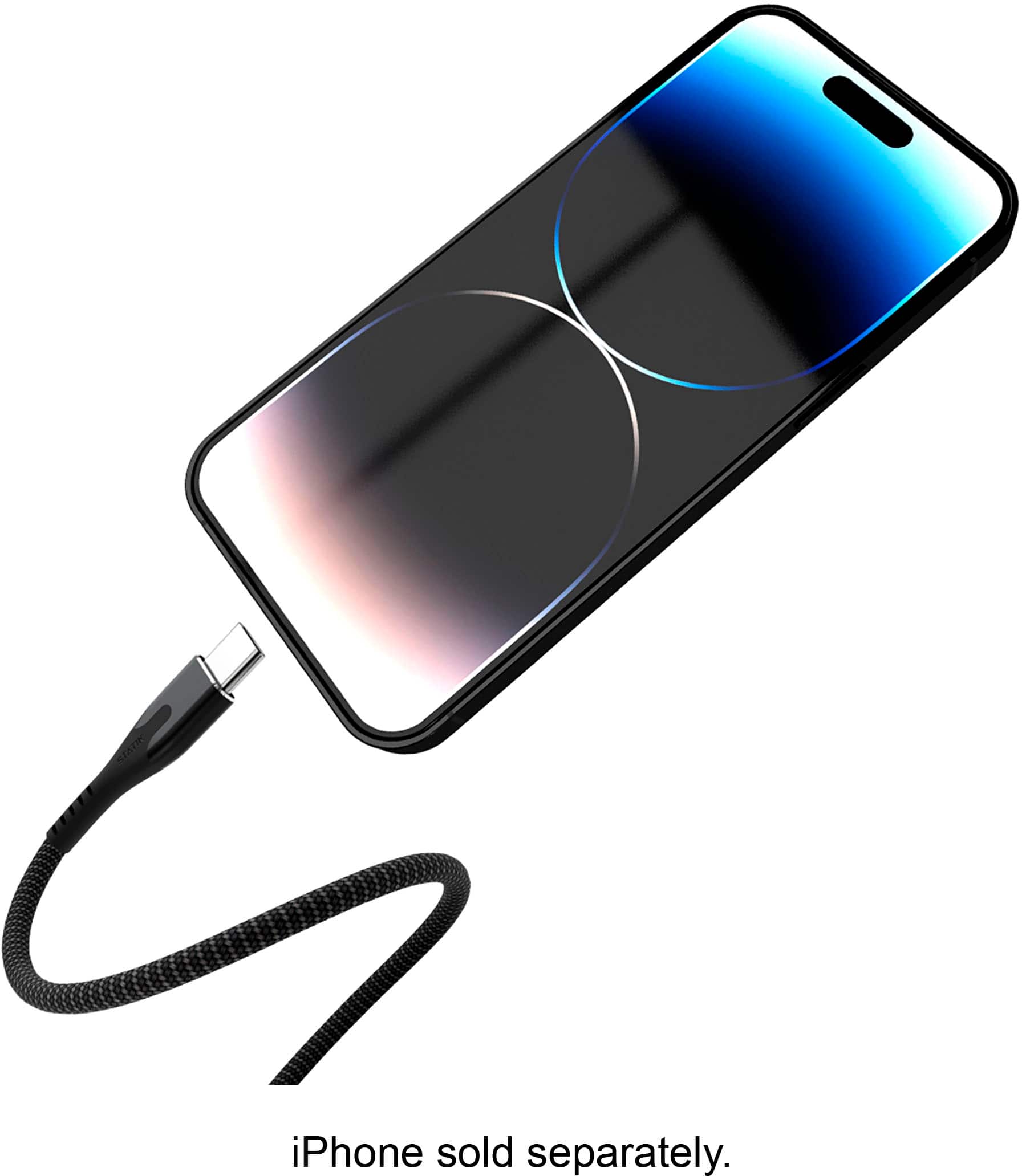 The image shows a black iPhone case with a blue lens cover attached to it. The case is connected to a cord, and the lens cover is designed to protect the iPhone's camera lens. The case is being displayed in a white background, and the text "iPhone sold separately" is visible at the bottom of the image.