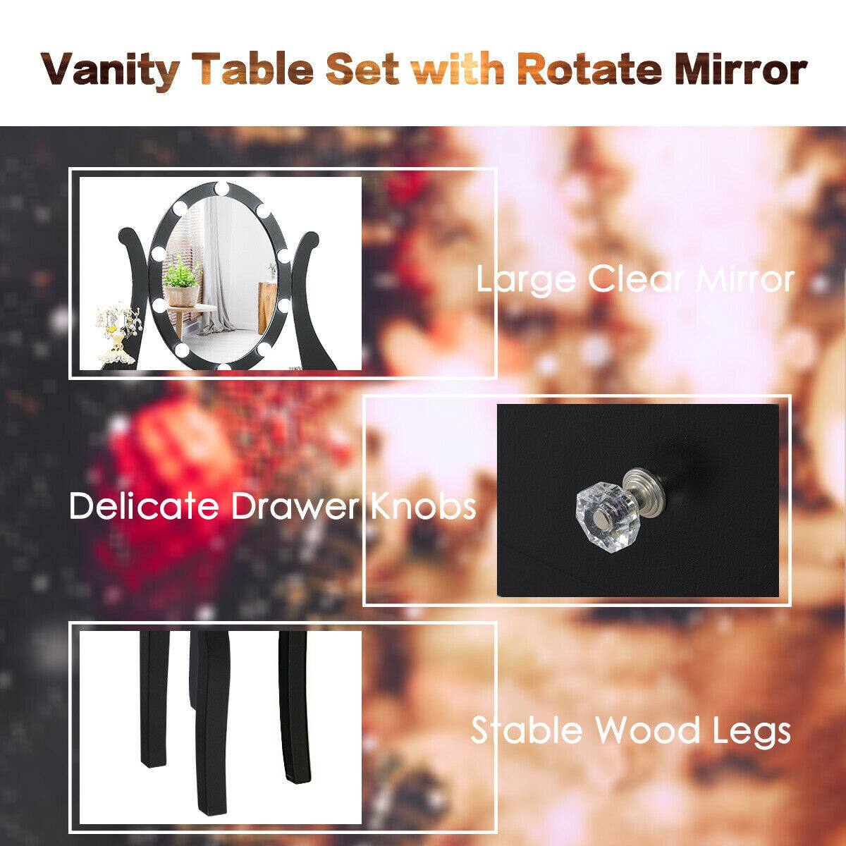 Vanity Table Set with Rotate Mirror
Large Clear Mirror
Delicate Drawer Knobs
Stable Wood Legs