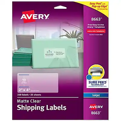 Easy Peel™ Pop-up Edge for easy peeling
AVERY 8663
Free Easy-to-Use Avery Templates
avery.com/templates
10 2" x 4"
250 labels, 25 sheets
Matte Clear Shipping Labels
SURE FEED™ TECHNOLOGY
DESIGNED FOR INKJET PRINTERS
AVERY 8663
