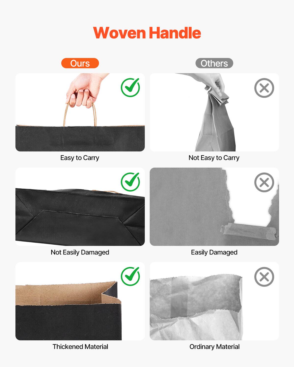 Woven Handle

Ours:
- Easy to Carry
- Not Easily Damaged
- Thickened Material

Others:
- Not Easy to Carry
- Easily Damaged
- Ordinary Material