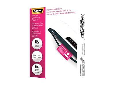 Pre-Punched ID Card  
Format carte d'identité avec pince  
Format de tarjeta de identidad con clip  

Thermal Laminating Pouches  
Poche pour la plastification à chaud  
Bolsas para plastificar en caliente  

100 QUANTITÉ  
QUANTITY  

2 63" x 3 88"  
67mm x 98mm  

10 mil  
10 microns  

Thermal Laminating  
Plastification à chaud  
Plastificación en caliente