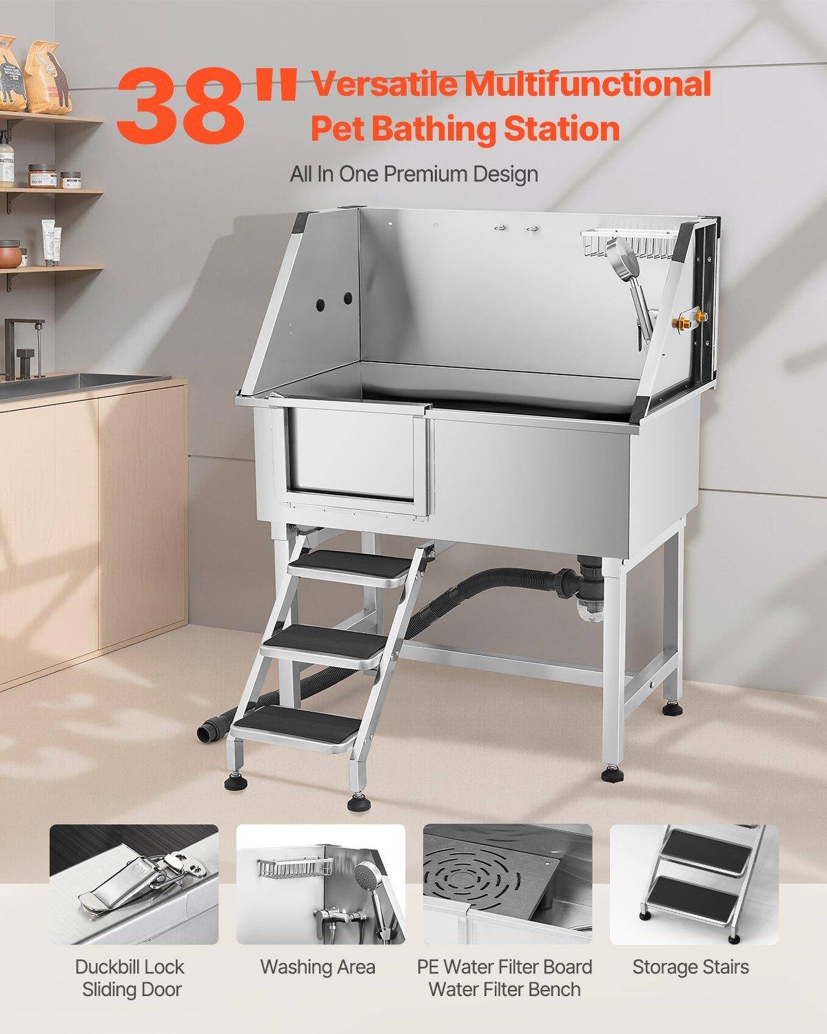 38" Versatile Multifunctional Pet Bathing Station  
All In One Premium Design  

- Duckbill Lock Sliding Door  
- Washing Area  
- PE Water Filter Board  
- Water Filter Bench  
- Storage Stairs