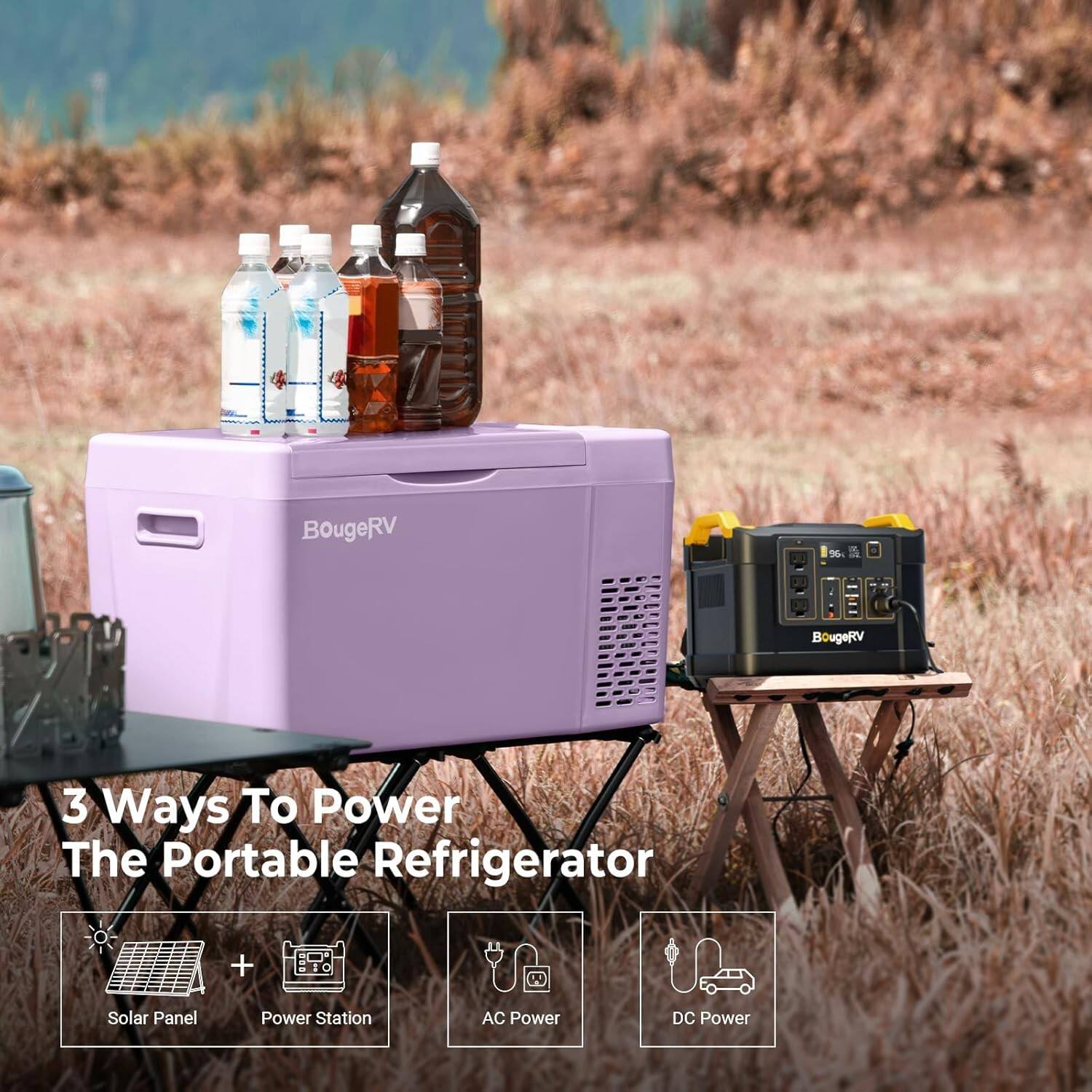 BougeRV  
3 Ways To Power The Portable Refrigerator  
- Solar Panel  
- Power Station  
- AC Power  
- DC Power