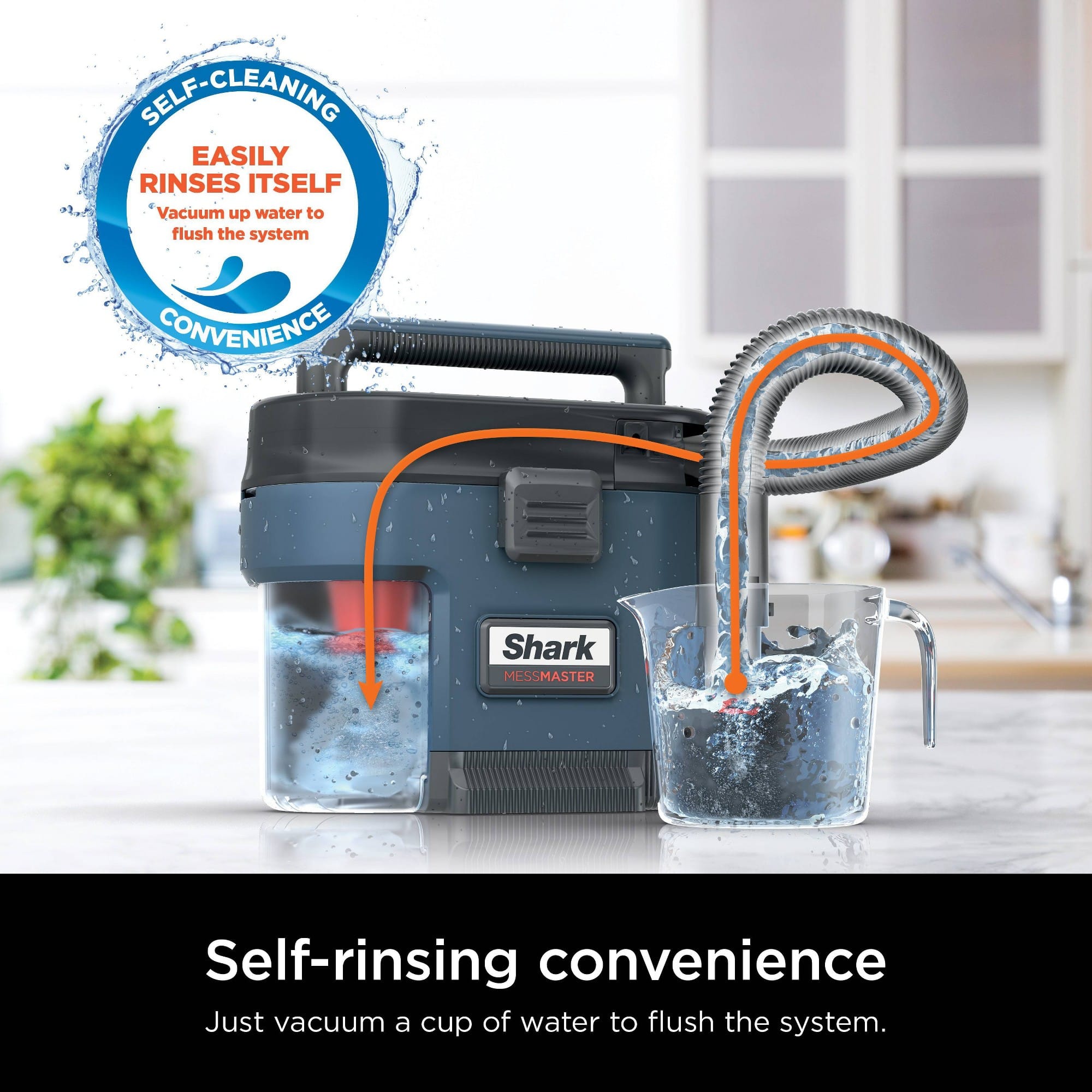 The text on the image is grouped and corrected as follows:
SELF-RINSING EASILY RINSES ITSELF Vacuum up water to flush the system CONVENIENCE Shark MESSMASTER Self-rinsing convenience Just vacuum a cup of water to flush the system.